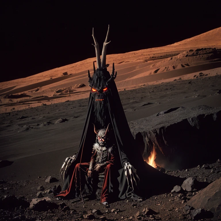 Gigantic  pitch black krampus like monster creature sitting by campfire under dark black cliff in desert, small red eyes and long slender bone limbs thin and extremely long, 1970's existential dread Stanley kubrik style 2001 a space Odyssey Esq grainy retro camera style