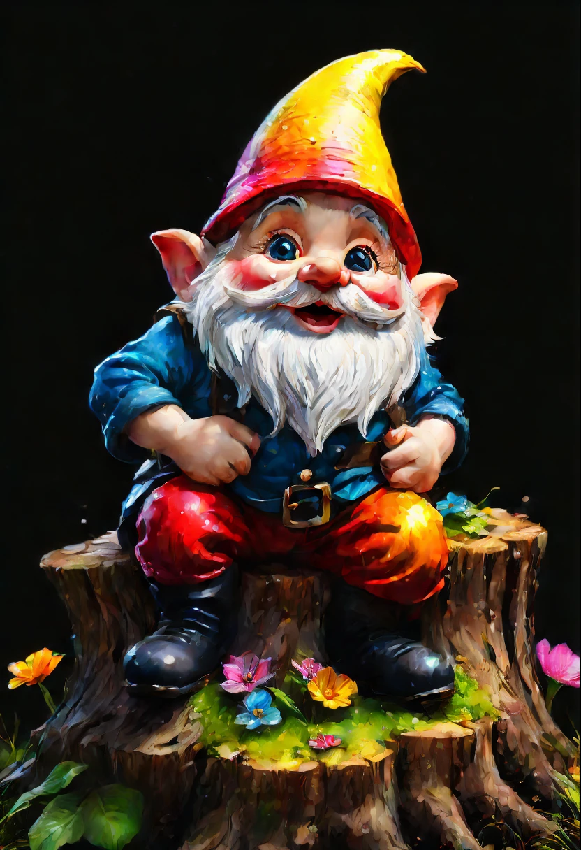 close-up, Very realistic cheerful gnome sitting on a stump, Bright spring charm, bright splashes, Perfect big eyes, Rim lighting, magical fantasy digital art, brightness of color. Black background,
Styled by Gabriele Delotto, AI mid-journey, Bright saturated colors, watercolor paiting, oilpaint,   nffsw, 500px, 4K,