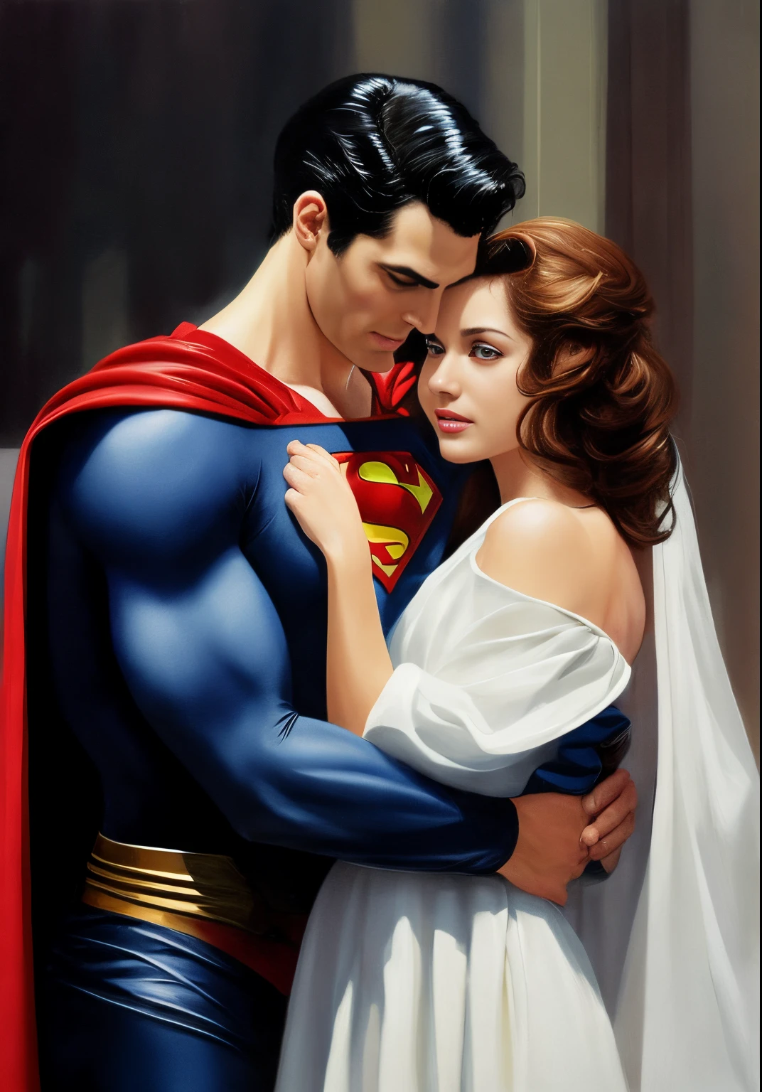 superman and lois in the rain, textless, by James Gurney, by Alex Ross, alex ross style, by John J Park, james gurney painting style, by Austin Briggs, drew struzan style art, chris moore. artgerm, concept art of love, style of alex ross, by Donato Giancola, by stanley artgerm