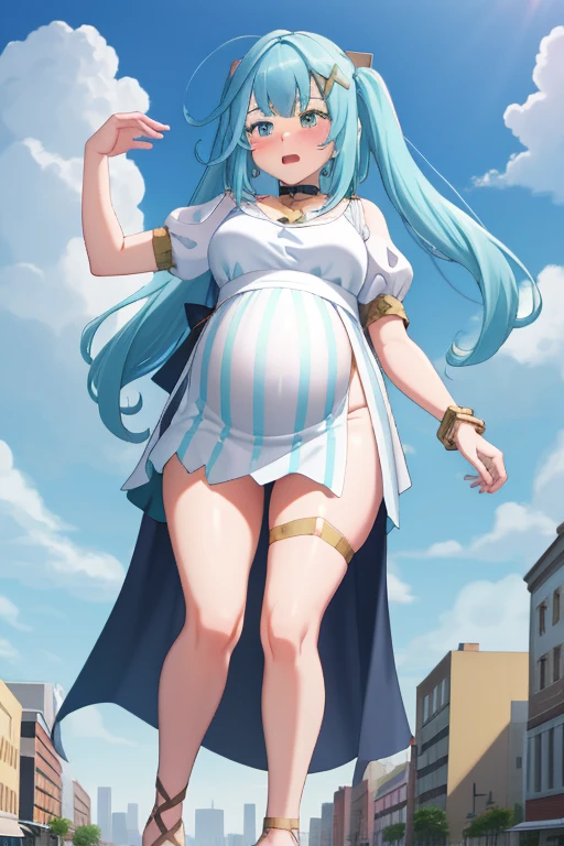Giant maiden，Moe two-dimensional style，Pregnancy status，Round belly，Gaze at the bustling city, Lying down, Burp, Burping, Loud burp, Really loud burp, Growling belly, Embarrassed, Full body