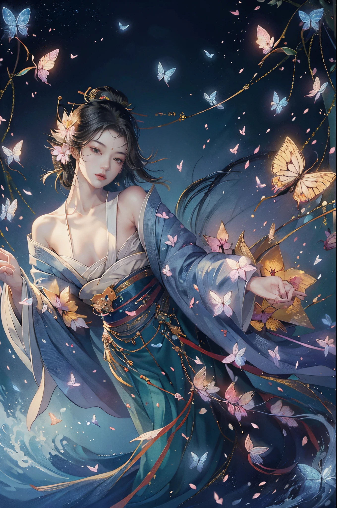 (tmasterpiece:1.2), ultra - detailed, 超高分辨率, (actual, Live photos:1.37), High-detail RAW color photos, profesional photo,Extremely Delicately Beautiful, Very meticulous, Detailed pubic hair, The file size huge,beautiful slim waist, Very detailed beauty, Extremely detailed face, extremely detailed eye, extremely detail skin, The nose particularly delicate, extremely detail mouth, perfect anatomia, very highly detailed background, Skin glows, (Japanese famous actress:1.2), (hoist:1.1), flatchest, (Kimono with less fabric, :1.3), (flatchest), dynamicposes, 电影灯光, lens flare glow, (butterflys:1.5)