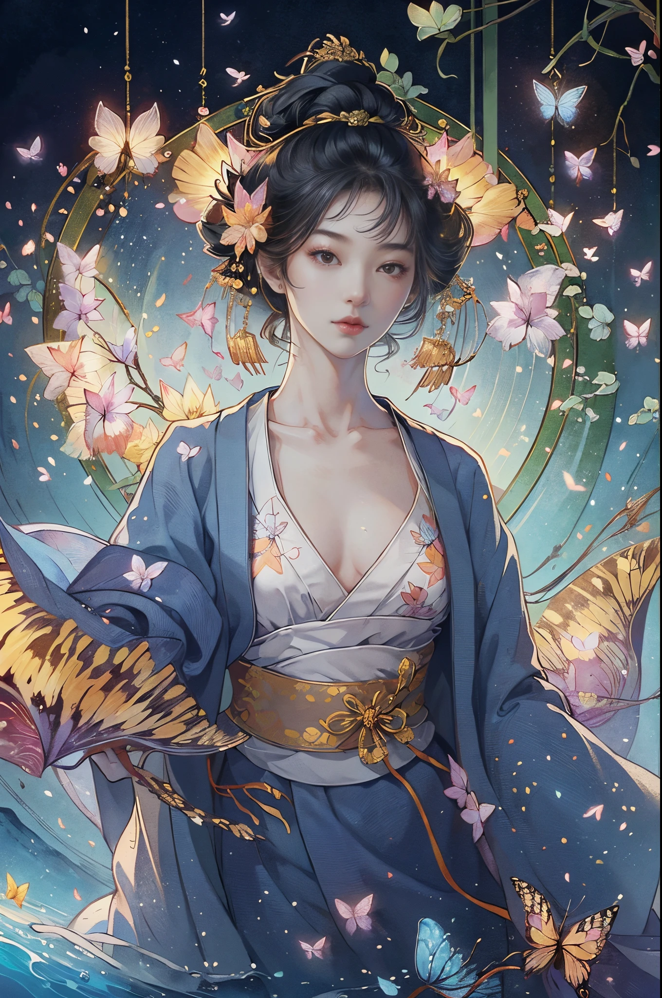 (tmasterpiece:1.2), ultra - detailed, 超高分辨率, (actual, Live photos:1.37), High-detail RAW color photos, profesional photo，Extremely Delicately Beautiful, Very meticulous, Detailed pubic hair, The file size  huge,beautiful slim waist， Very detailed beauty, Extremely detailed face, extremely detailed eye, extremely detail skin, The nose  particularly delicate, extremely detail mouth, perfect anatomia, very highly detailed background, Skin glows, (Japanese famous actress:1.2), (hoist:1.1), flatchest, (Kimono with less fabric, :1.3), (flatchest), dynamicposes, 电影灯光， lens flare glow, (butterflys:1.5)
