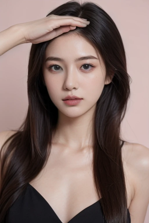 Canon, UHD, masterpiece, highres, 8k, (photorealistic:1.5), Photo of a beautiful 22 years old woman, face, grey eyes, clean pale skin, pink cheeks, straight nose, pink lib, shiny black long hair, white background, from above, upper body