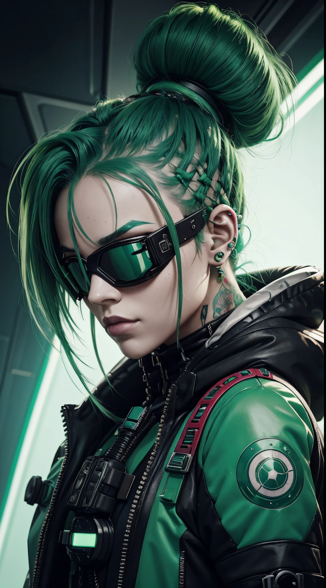 Portrait of a green haired cyberpunk woman wearing goggles with facial piercings tattoos and space buns, wearing stylish futuristic clothing, crimson and mint green