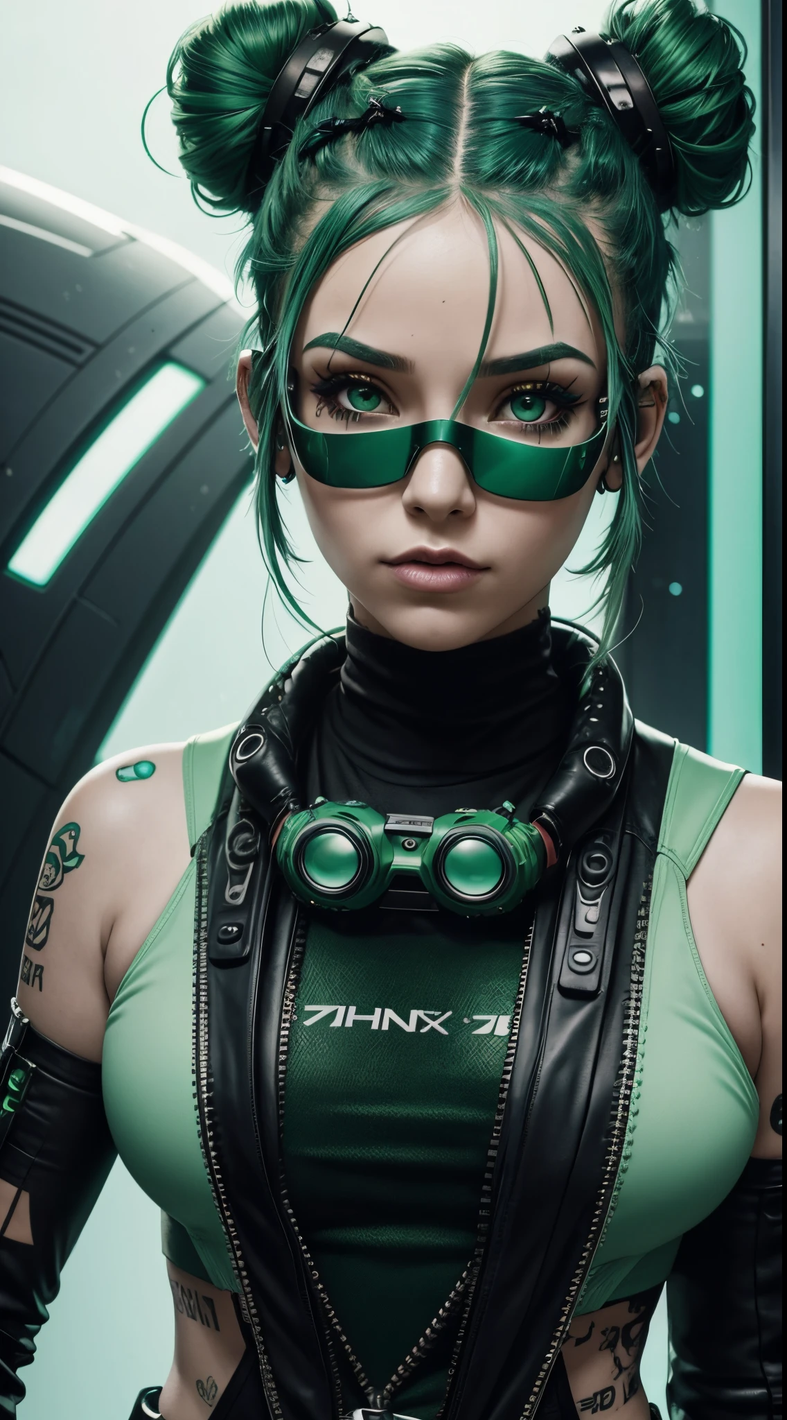 A woman with green hair and green glasses posing for a picture - SeaArt AI