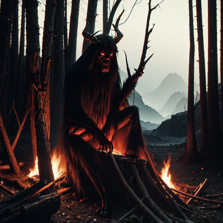 Gigantic pitch black krampus like monster creature sitting on log by campfire under dark black cliff in desert, small red eyes and long slender bone limbs thin and extremely long, 1970's existential dread Stanley kubrik style 2001 a space Odyssey Esq grainy retro camera style