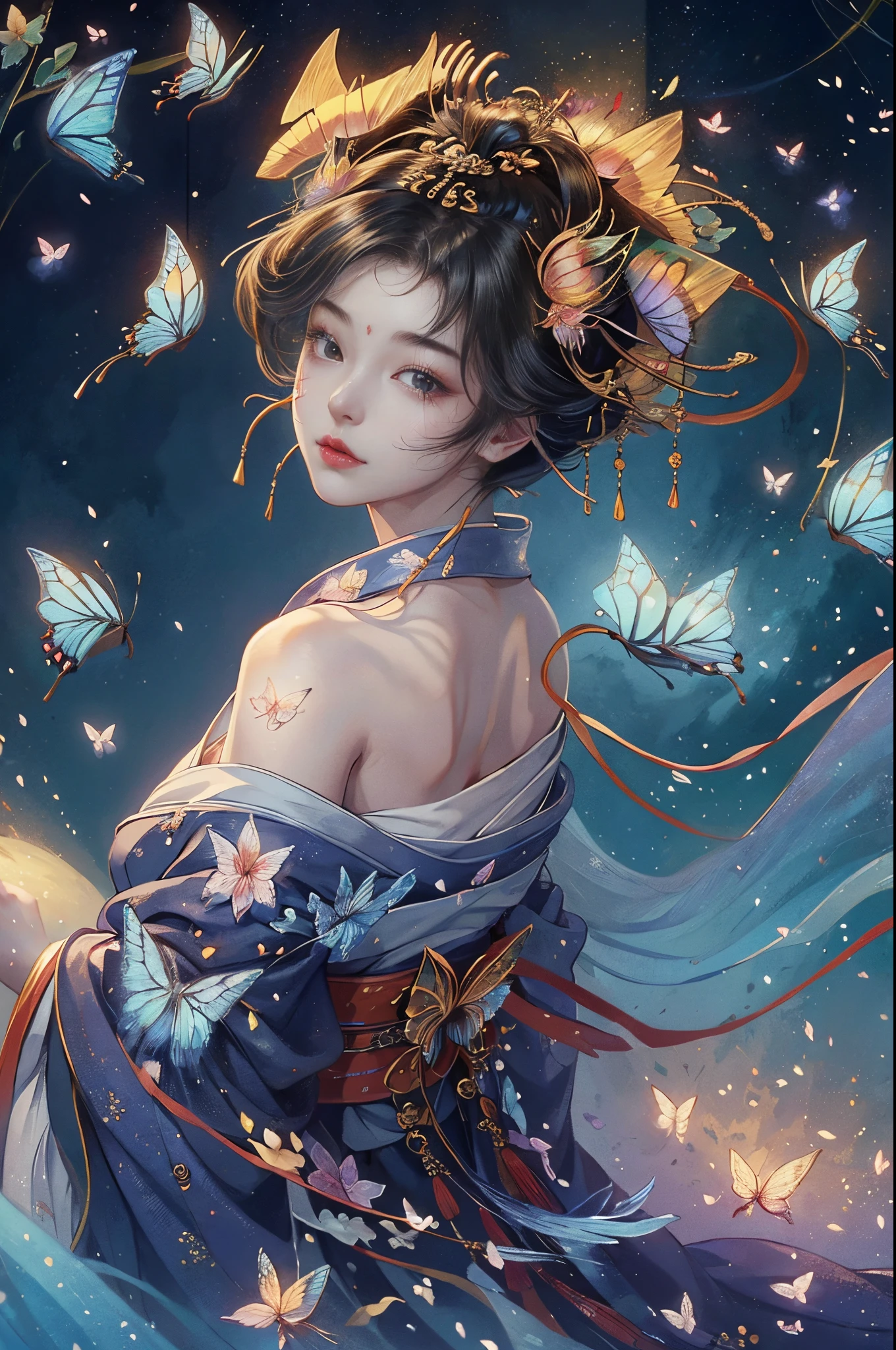 (tmasterpiece:1.2), ultra - detailed, 超高分辨率, (actual, Live photos:1.37), High-detail RAW color photos, profesional photo,Extremely Delicately Beautiful, Very meticulous, Detailed pubic hair, The file size huge,beautiful slim waist, Very detailed beauty, Extremely detailed face, extremely detailed eye, extremely detail skin, The nose particularly delicate, extremely detail mouth, perfect anatomia, very highly detailed background, Skin glows, (Japanese famous actress:1.2), (hoist:1.1), flatchest, (Kimono with less fabric, :1.3), (flatchest), dynamicposes, 电影灯光, lens flare glow, (butterflys:1.5)