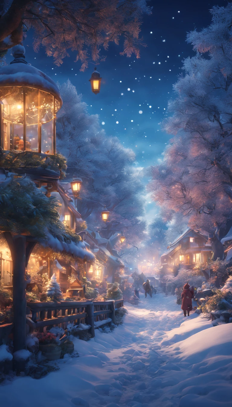 (Winter wonderland)、Atmospheric Oliva Lighting、kirakira,4K UHD、Great composition with great detail and vibrant colors、rendering octane、foco nítido、high-resolutionisometric,masterpiece,(magical lights),,Magic Effects,animals wearing clothes are walking,A dreamy sight