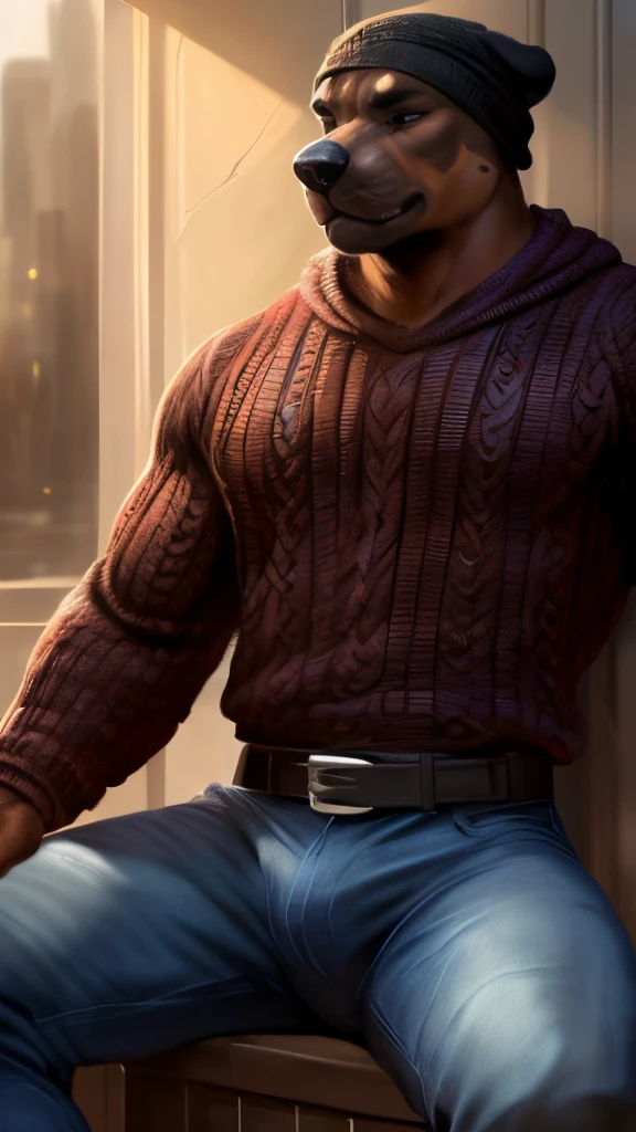 4k, high resolution, best quality, perfect colors, perfect shadows, perfect lighting, artificial lighting, full body shot, posted on e621, furry body, solo, anthro rottweiler, (hidden ears:1.3), (black body, tan markings, black snout:1.3), male, (beefy, strongman, manly, brutal, masculine:1.2),(tired:1.2), detailed city foggy winter night background, correct anatomy, (photorealistic detailed fur, epic, masterpiece:1.2), (by taran fiddler, by chunie, by rukis, bonifasko lighting), sitting outside a cafe , detailed dog eyes, (claws:1.1), (mouth scars:1.3), (veins, vascular body:1.2), (wears saggy sweater, beanie, belt, jeans:1.3), (crotch bulge:1.3), best posture
