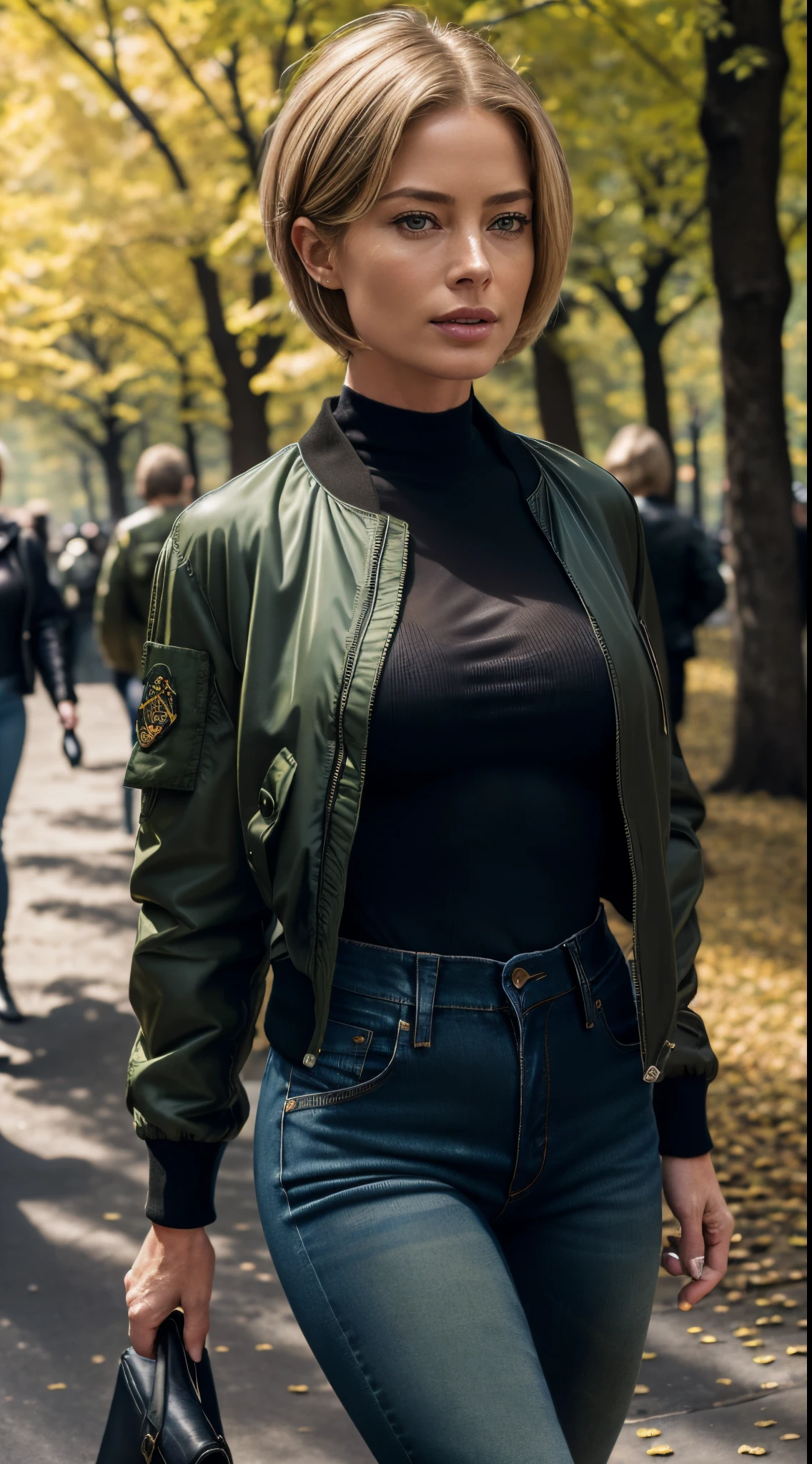 RAW photo of 50 years old Doutzen Kroes, mature woman, masterpiece, best quality, (photorealistic:1.4), (army green bomber jacket over black blouse:1.1), (blue jeans:1.2) heels, in the New York Central Park, sunny day, cinematic light, beautiful woman, medium breasts, blond hair, short short (bob haircut:1.2), wrinkles on the face, (black detights:1.2)