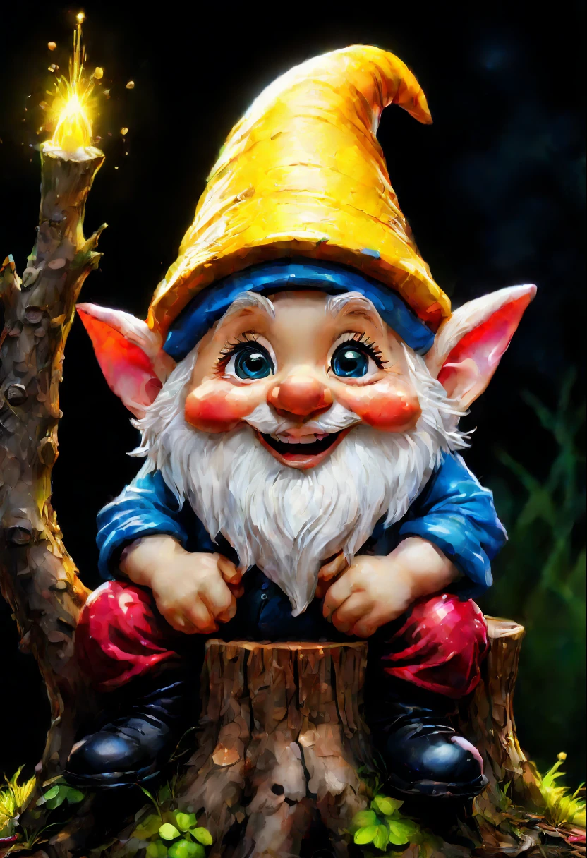 close-up, Very realistic cheerful gnome sitting on a stump, Bright spring charm, bright splashes, Perfect big eyes, Rim lighting, magical fantasy digital art, brightness of color. Black background,
Styled by Gabriele Delotto, AI mid-journey, Bright saturated colors, watercolor paiting, oilpaint,   nffsw, 500px, 4K,