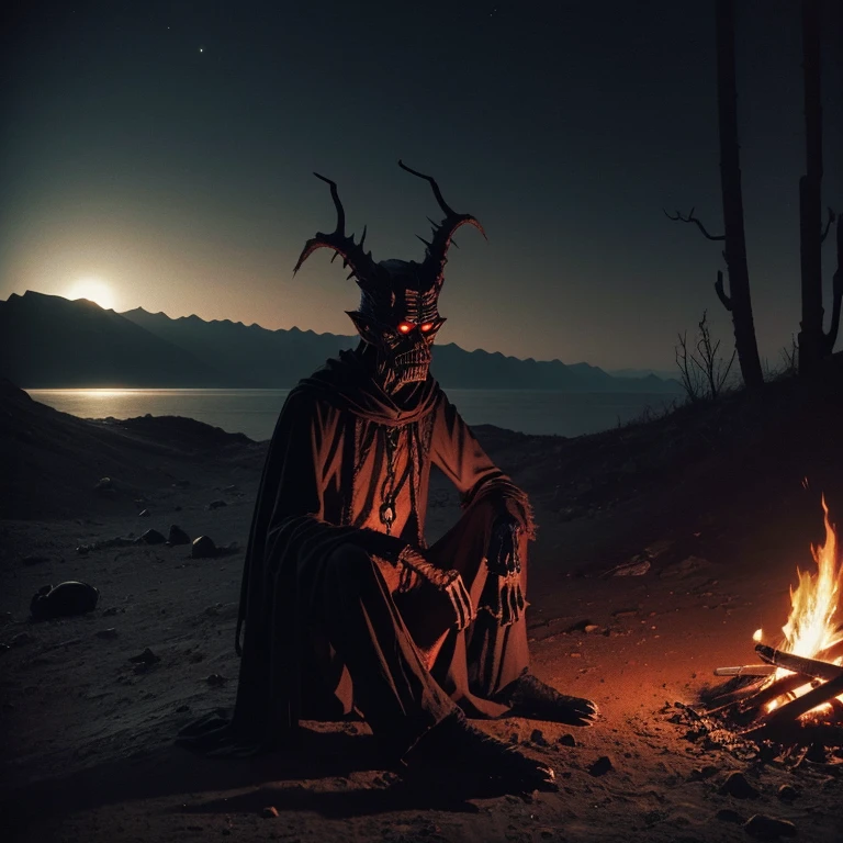 Frail man sitting next to pitch black krampus like monster creature sitting on log by campfire under dark black cliff in desert, small red eyes and long slender bone limbs thin and extremely long, 1970's existential dread Stanley kubrik style 2001 a space Odyssey Esq grainy retro camera style