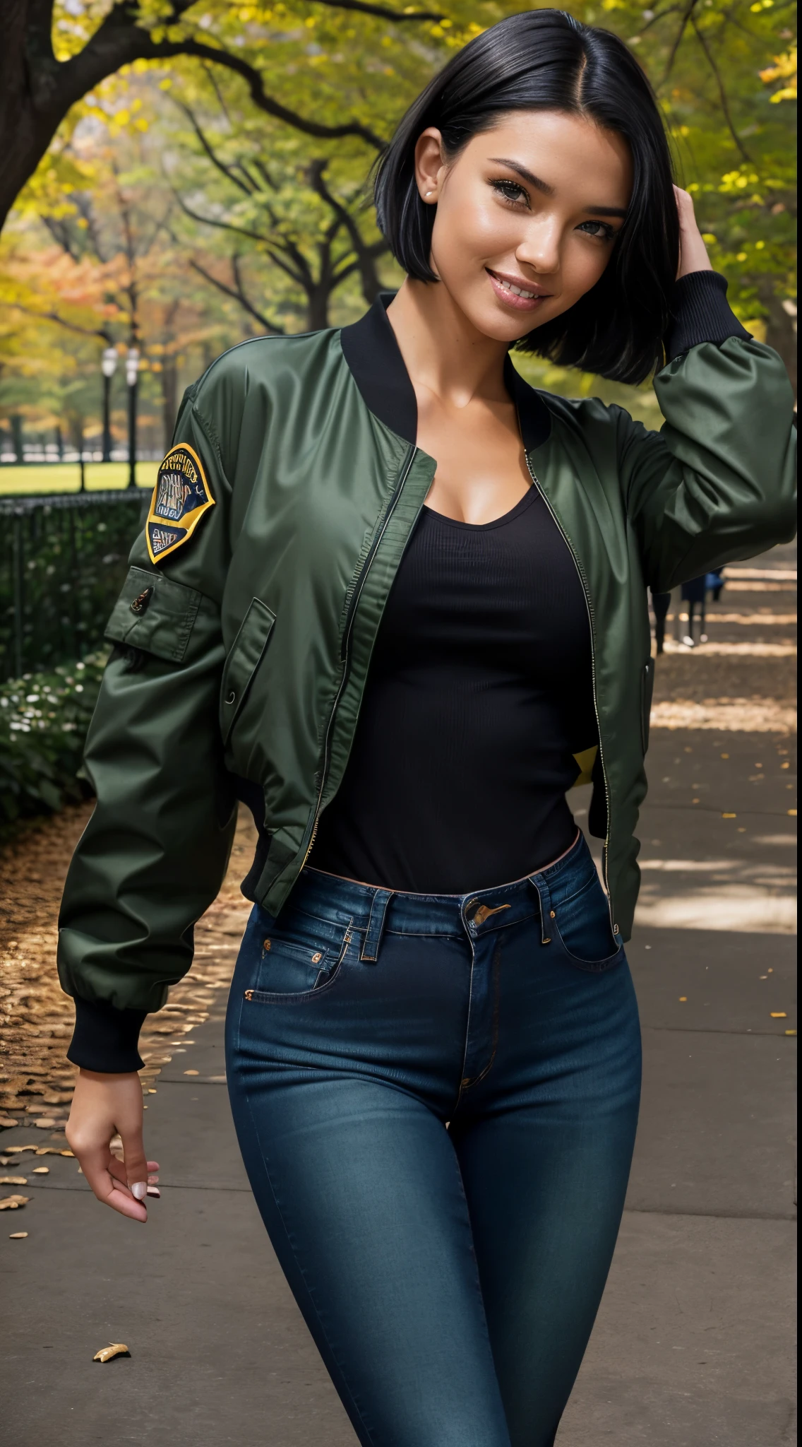 Foto hiperrealista en primer plano de Adriana Lima, masterpiece, best quality, (photorealistic:1.4), full body, (army green bomber jacket over black blouse:1.1), (blue jeans:1.2) heels, in the New York Central Park, sunny day, cinematic light, beautiful woman, skinny, medium breasts, black short hair (bob short hair:1.2), detailed face, smile, facing the camera, photo taken from a distance, age of 18 years old, smile, (black detights:1.2)