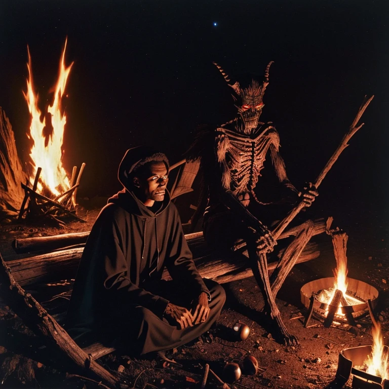 Frail man sitting next to pitch black krampus like monster creature sitting on log by campfire under dark black cliff in desert, small red eyes and long slender bone limbs thin and extremely long, 1970's existential dread Stanley kubrik style 2001 a space Odyssey Esq grainy retro camera style