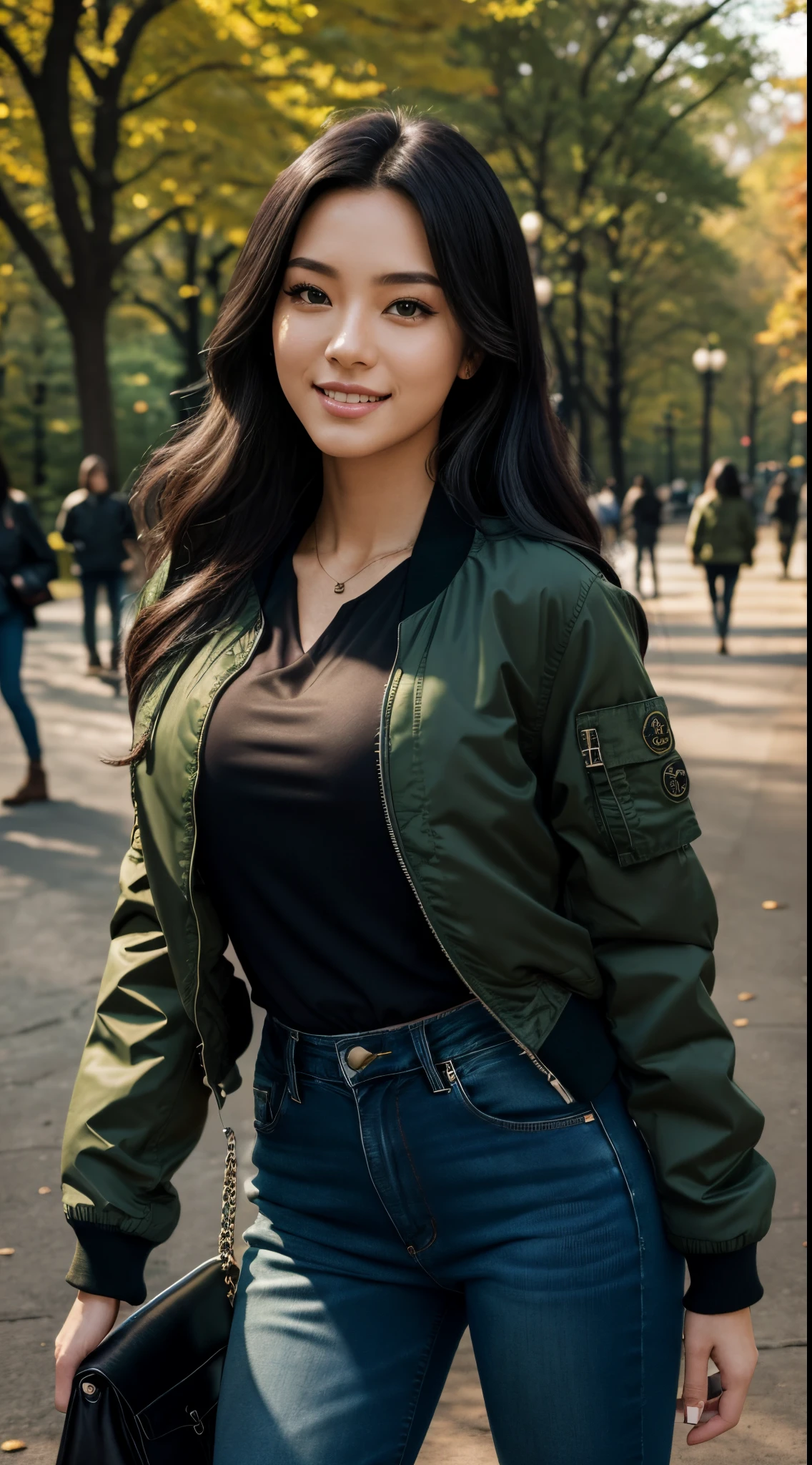 Foto hiperrealista en primer plano de Kim Joo, masterpiece, best quality, (photorealistic:1.4), full body, (army green bomber jacket over black blouse:1.1), (blue jeans:1.2) heels, in the New York Central Park, sunny day,cinematic light, beautiful woman, skinny, large big breasts, black long hair, detailed face, smile, facing the camera, photo taken from a distance, age of 25 years old