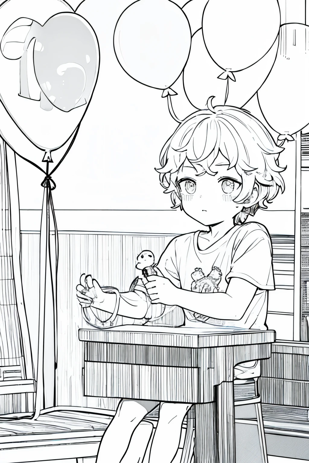Short hair channel, wavy, Castaños, Clean skin, with a round face, Casual wear,3 year old boy,Sit cross-legged on a stool,Head up,Eyes looking upwards,Thinking about the problem with a puzzled expression,There a big balloon on the head,Perfectcomposition,There are piano, guitar, football, fried chicken and homework in the balloon