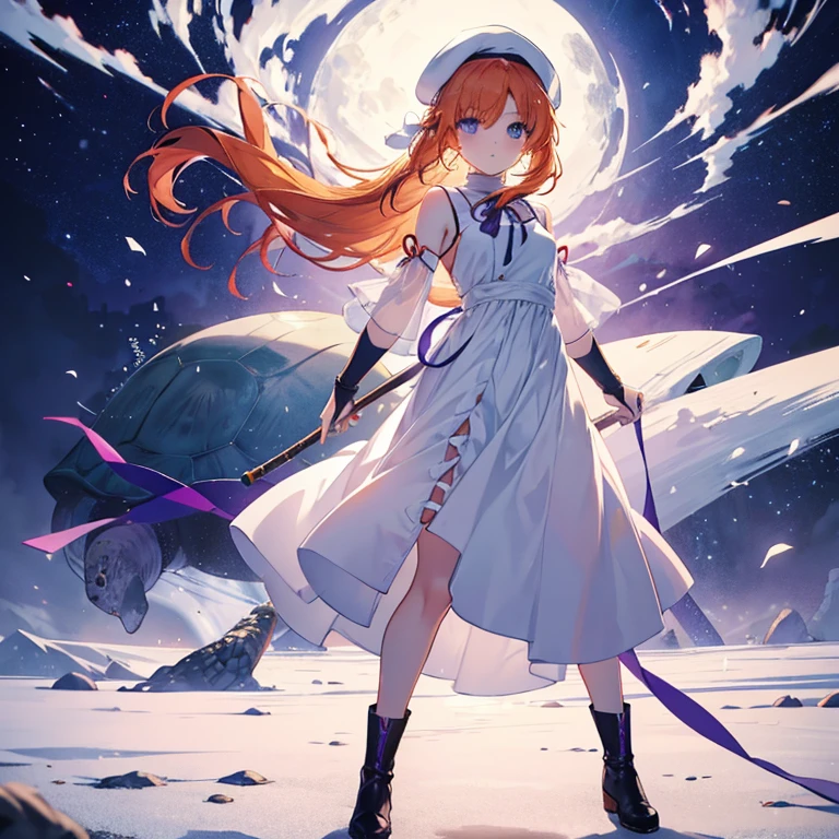 Orange hair，higurashi，Ryuguurena，turtle neck，White beret，slit，knee sox，Brown boots，Blue eyes，White dress，Long dress，Purple ribbon around the neck，The length of hair to the shoulders，Blue wristband