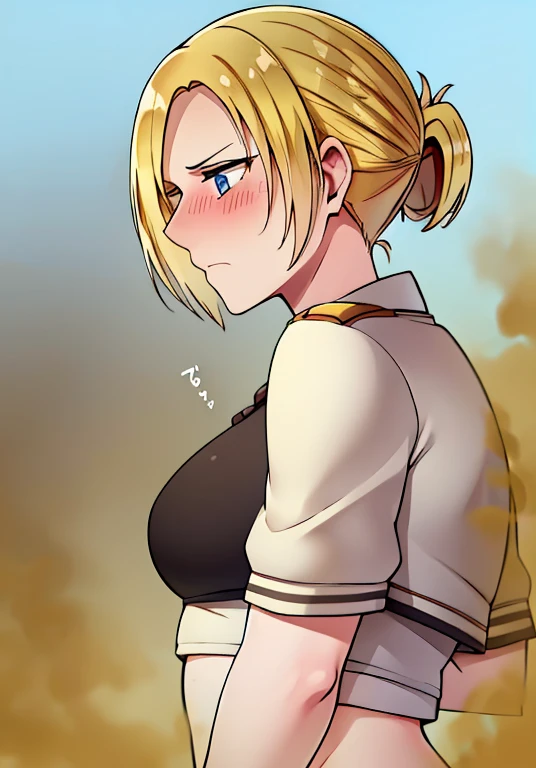 ((annie leonhart)),((velocity)),Attacked by farts, (((Women stand)),velocity,((training field)),((One Woman)),((fart while stand),((blushing)),(masterpiece:1.2、top-quality)、(the Extremely Detailed CG Unity 8K Wallpapers、ultra-detailliert、Best Shadows)、(细致背景)、(The best lighting、extremely delicate and beautiful)、depth of fields、1girl in、独奏 ,Women wear scout outfit,Ephemeral,,(blonde),(scout regiment outfit)),((((Girl embarassed when she smells the bad smell of farts)))),outfit like a scout regiment,((((profile facing diagonally)))),((i'I closed my mouth with hand feel embarassed...)),((massive fart)),((fart text))