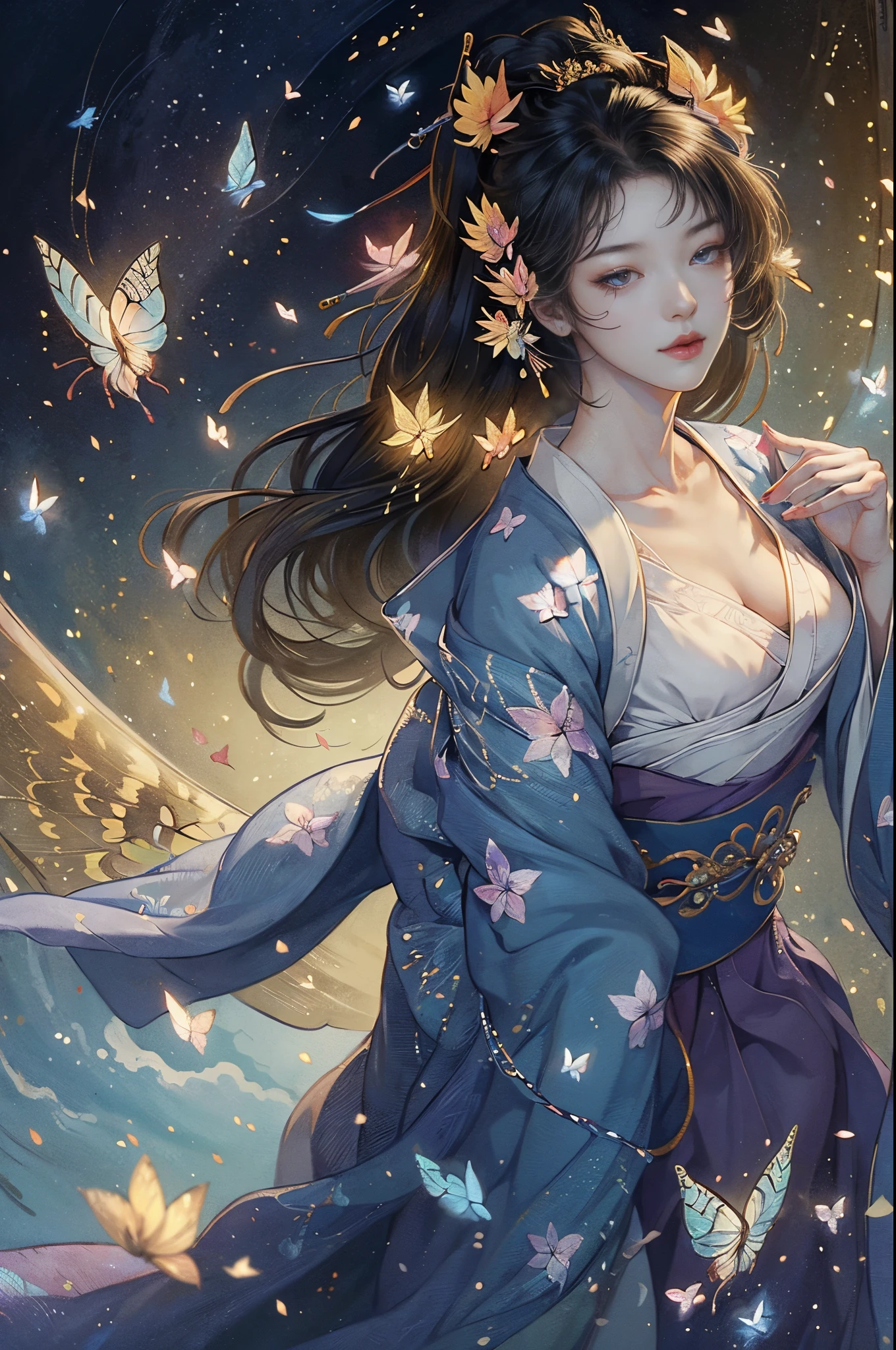 (tmasterpiece:1.2), ultra - detailed, 超高分辨率, (actual, Live photos:1.37), High-detail RAW color photos, profesional photo，1girll，Extremely Delicately Beautiful, Very meticulous, Detailed pubic hair, The file size  huge,beautiful slim waist， Very detailed beauty, Extremely detailed face, extremely detailed eye, extremely detail skin, The nose  particularly delicate, extremely detail mouth, perfect anatomia, very highly detailed background, Skin glows, (Japanese famous actress:1.2), (hoist:1.1), flatchest, (Kimono with less fabric, :1.3), (flatchest), dynamicposes, 电影灯光， lens flare glow, (butterflys:1.5)