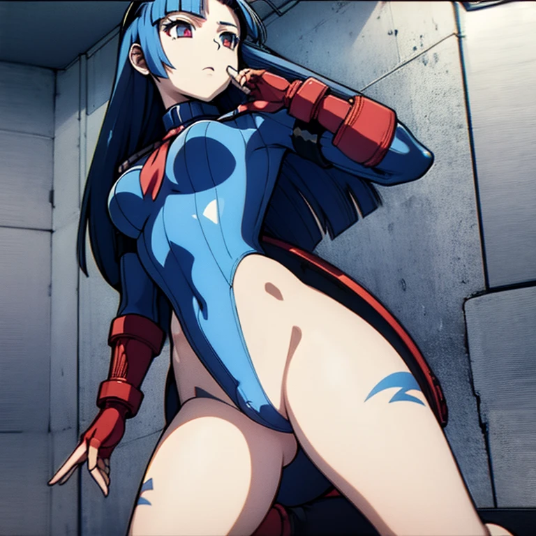 Masterpiece, Best Quality, Highly detailed, illustration, absurdres, street fighter, doll suit, shadaloo doll, agent aika, girls, multiple girls, expressionless,  saluting, military, military saluting, salute, blank eyes, looking at viewer, red gloves, emotionless, black latex, corrution, mind control, female combatant, full body, hypnotized, unhappy trance, full body suit, leotard, perfect female body, extremely glossy latex, Delmo Uniform, belt, hypnosis, hypnoLora, empty eyes, Mind control device, thigh high, kneeling, poses, submissive_pose, visor, , standing, standing at attention, Slave, collar, , haigure, slave oufit, full tight leg, black delmo uniform, Hozoin Inshun, Hyakka Ryouran, blue hair, red eyes, long hair