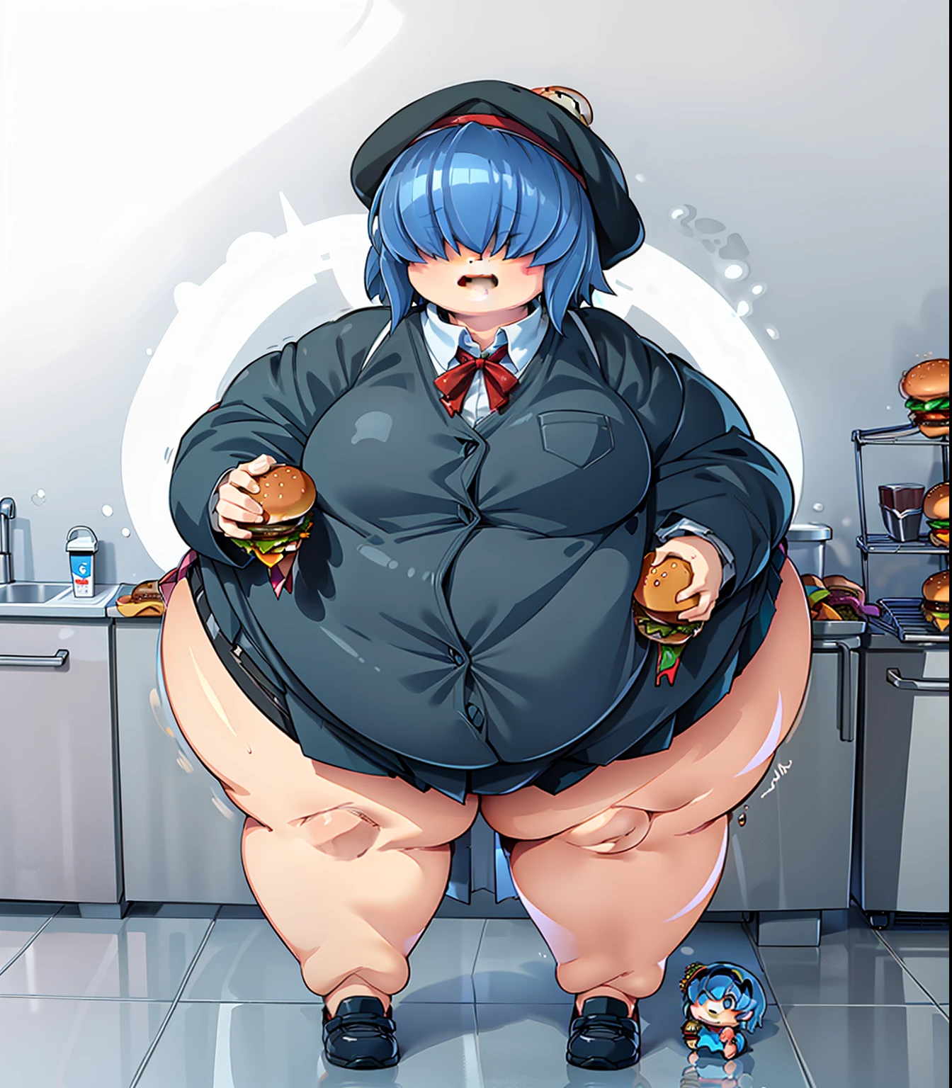 ((())), (((cute little))), ((school clothes)), ((blue hair)), ((chubby)), ((fat face)), fat wide thighs, belly, (((holding a hamburger with both hands))), (((background of a kitchen))), detailed background, (((open mouth))),
