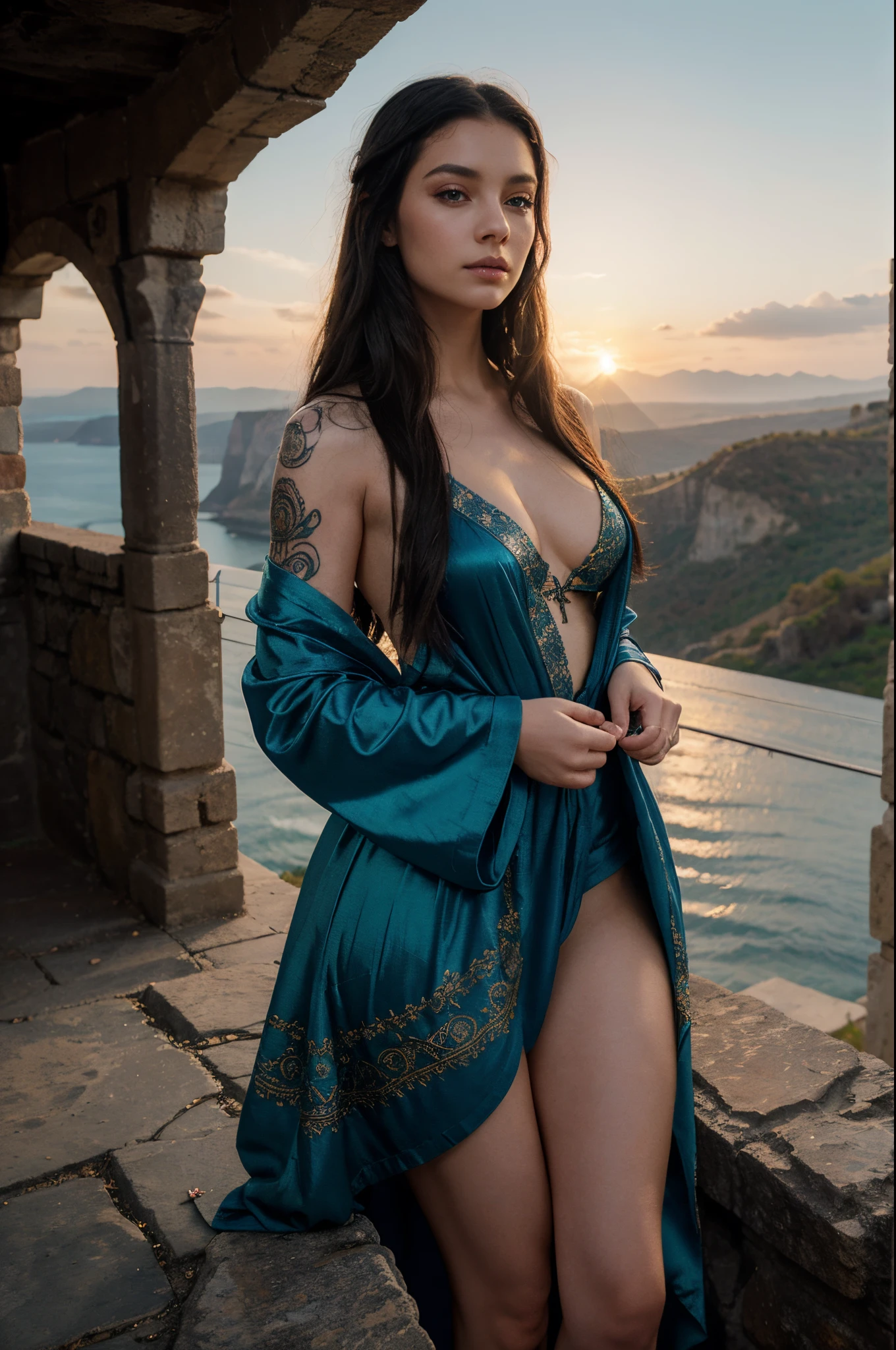 A truly enchanting woman, with porcelain skin and long, dark hair that shimmers with hints of otherworldly hues. Her piercing amber eyes seem to hold secrets of ancient magic, and her body is adorned with intricate and mysterious tattoos. She wears a flowing blue robe, the fabric billowing in the wind as she stands atop a cliff, overlooking a vast and mystical landscape. The sun sets behind her, casting a warm and ethereal light on her captivating presence.