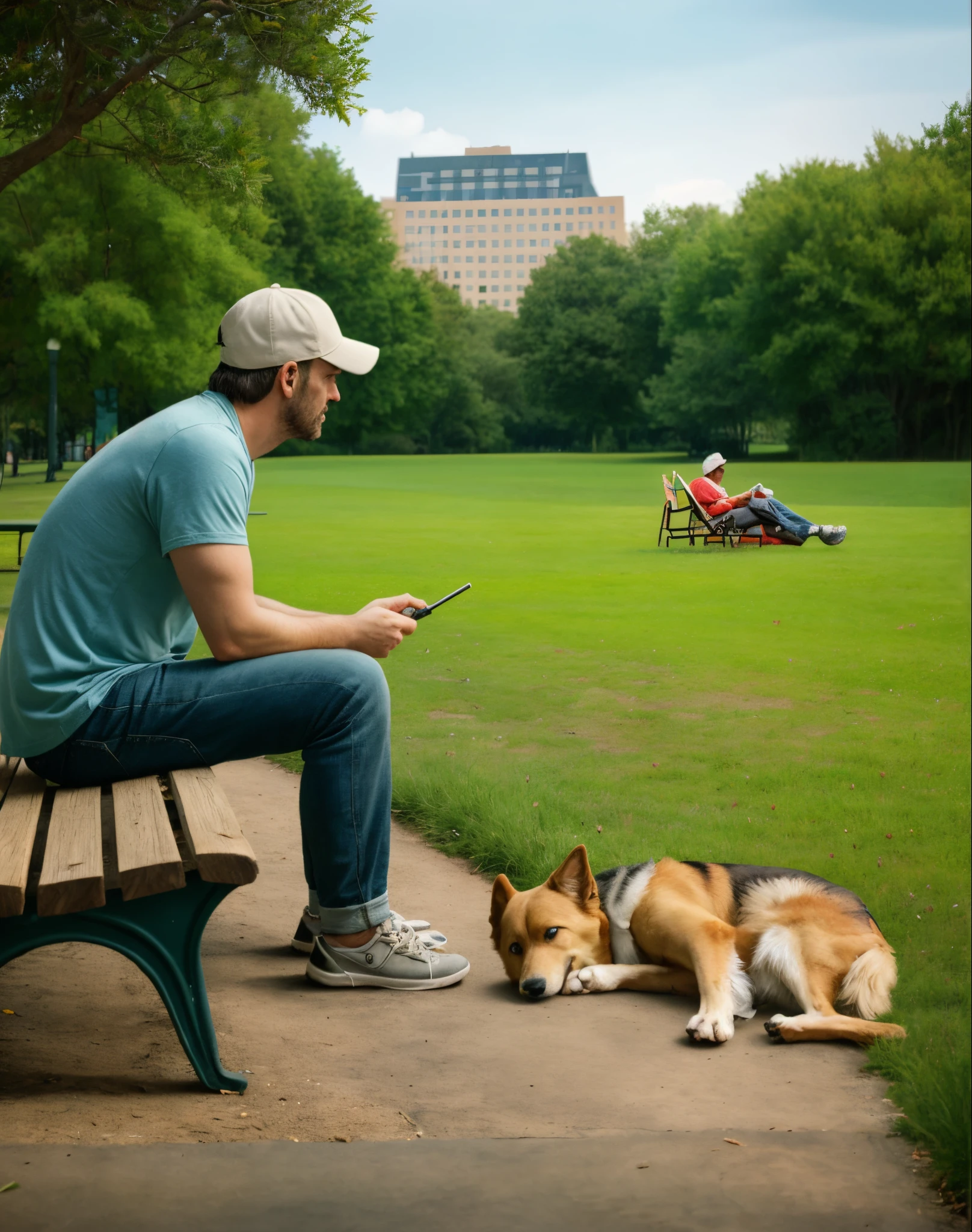 ((Luzes Realistas, Best quality at best, 8K, tmasterpiece:1.3)), lock focus:1.2,A man in his 40s sits on a chair,Khaki baseball cap,With a dog and a, in a city park, Realistic scenarios, Set in the park, In Park, park in background, Inspired by Chris Labroy, author:Chris LaBrooy, parks, at park, There a park behind, In Park