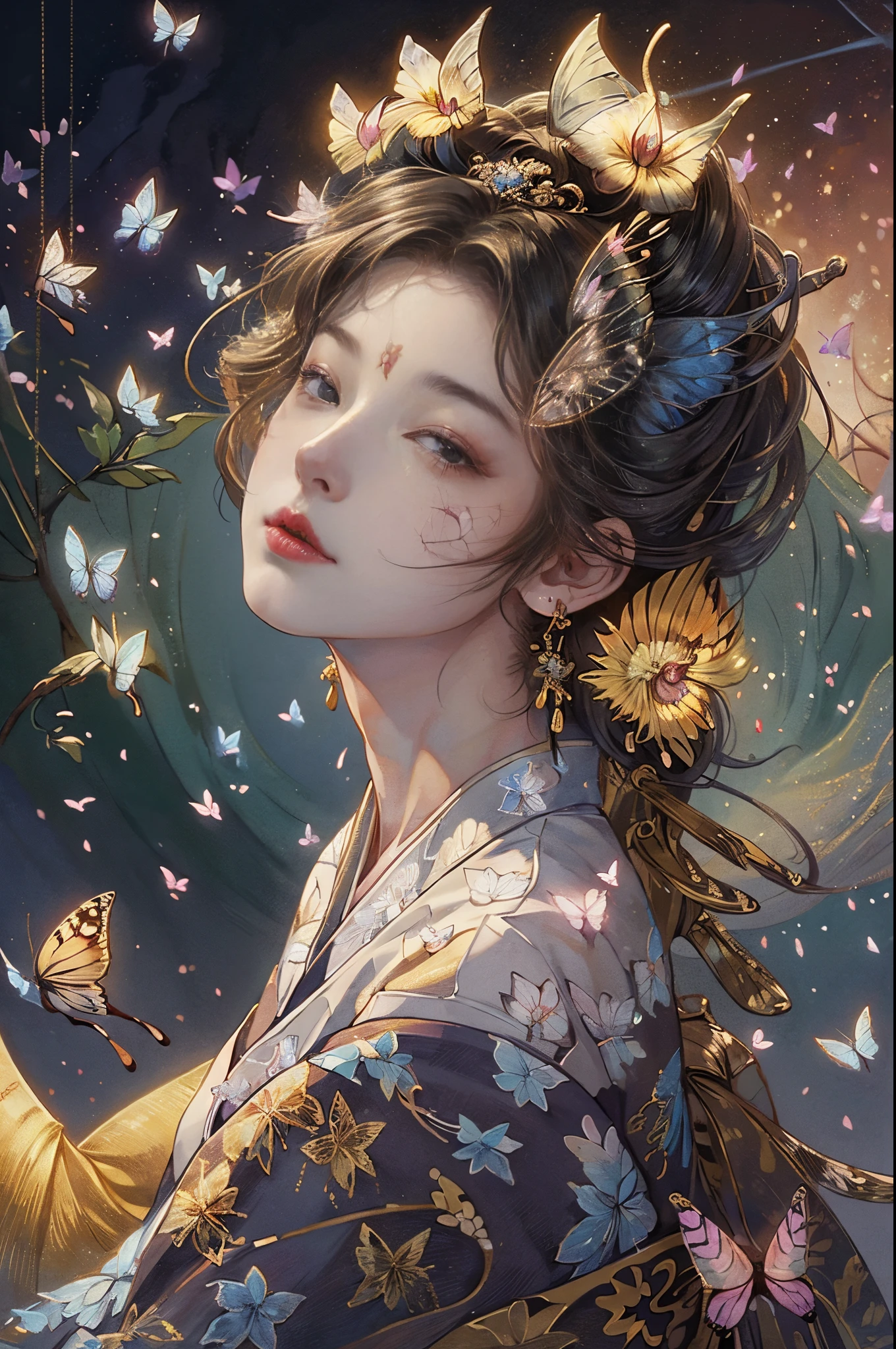 (tmasterpiece:1.2), ultra - detailed, 超高分辨率, (actual, Live photos:1.37), High-detail RAW color photos, profesional photo,1girll,Extremely Delicately Beautiful, Very meticulous, Detailed pubic hair, The file size huge,beautiful slim waist, Very detailed beauty, Extremely detailed face, extremely detailed eye, extremely detail skin, The nose particularly delicate, extremely detail mouth, perfect anatomia, very highly detailed background, Skin glows, (Japanese famous actress:1.2), (hoist:1.1), flatchest, (Kimono with less fabric, :1.3), (flatchest), dynamicposes, 电影灯光, lens flare glow, (butterflys:1.5)