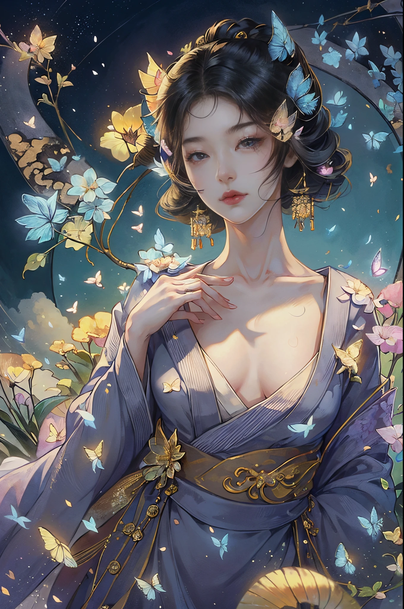 (tmasterpiece:1.2), ultra - detailed, 超高分辨率, (actual, Live photos:1.37), High-detail RAW color photos, profesional photo,1girll,Extremely Delicately Beautiful, Very meticulous, Detailed pubic hair, The file size huge,beautiful slim waist, Very detailed beauty, Extremely detailed face, extremely detailed eye, extremely detail skin, The nose particularly delicate, extremely detail mouth, perfect anatomia, very highly detailed background, Skin glows, (Japanese famous actress:1.2), (hoist:1.1), flatchest, (Kimono with less fabric, :1.3), (flatchest), dynamicposes, 电影灯光, lens flare glow, (butterflys:1.5)