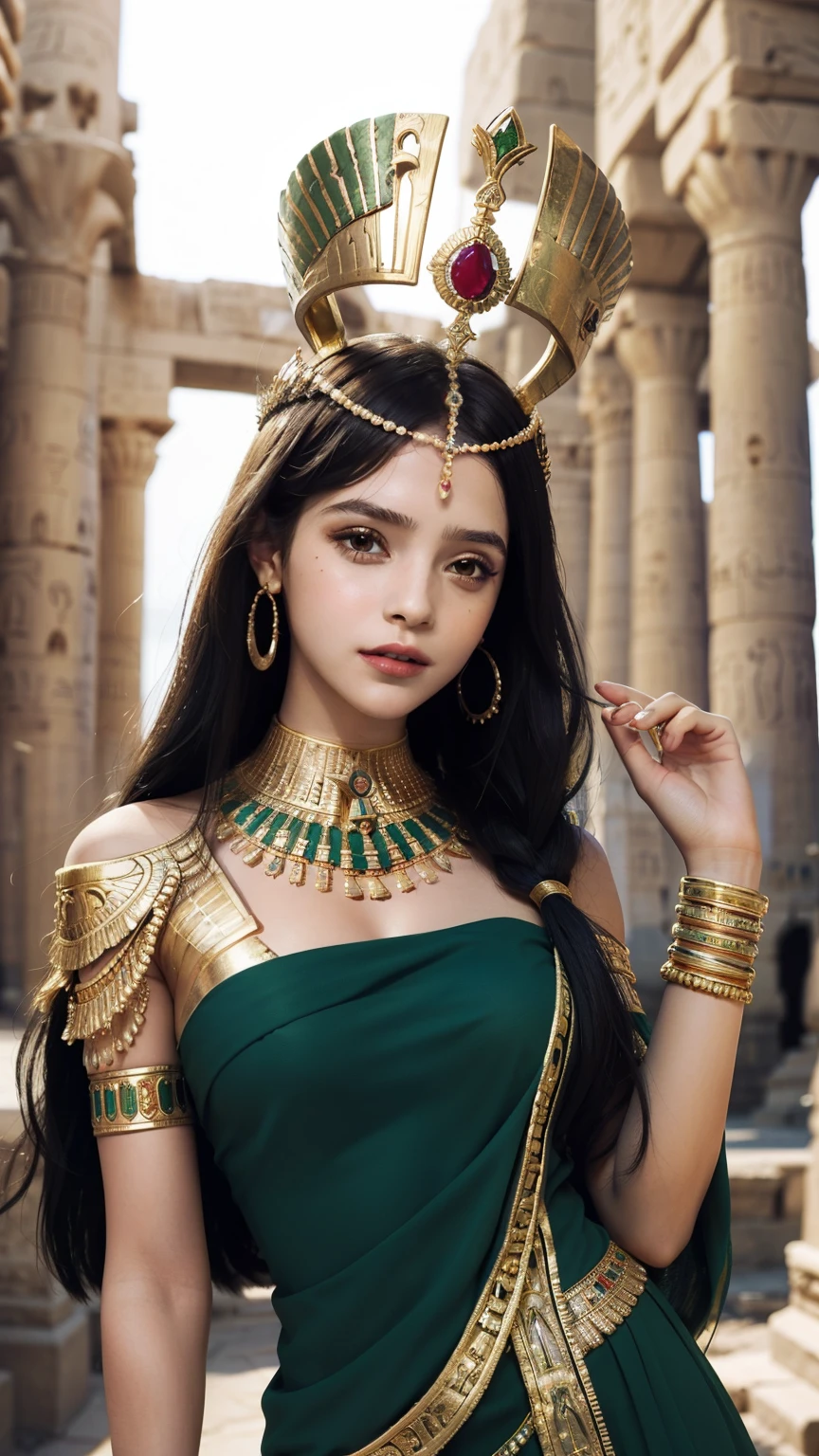 a woman in a green dress and gold jewelry poses for a picture, beautiful cleopatra, egyptian princess, ancient libu princess, beautiful goddess, egyptian, android girl in egyptian ruins, cleopatra portrait, egyptian style, egyptian clothes, black emma watson as egyptian, egyptian clothing, wearing an egyptian crown, ((a beautiful fantasy empress)), a beautiful fantasy empress, gorgeous woman