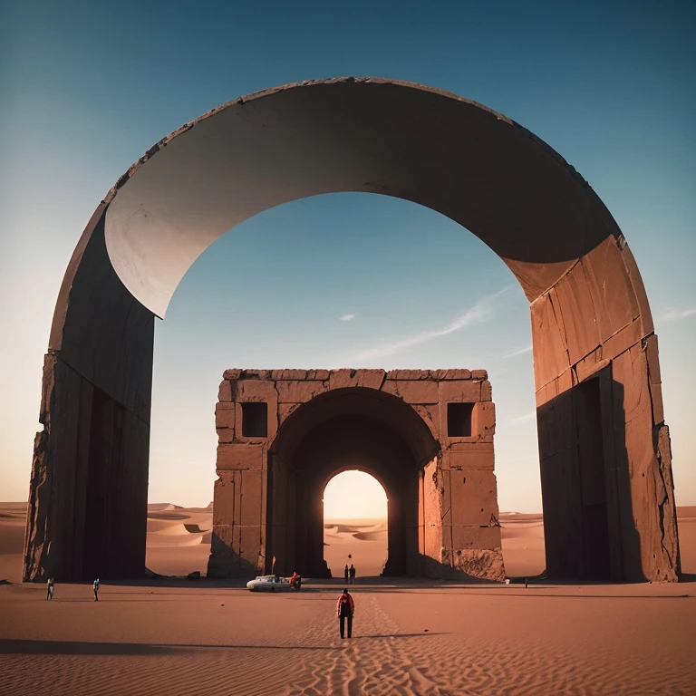 Gigantic monolithic white marble gateway portal in desert at dusk looking into another universe with black clouds and red sky and bloody sand, with millions of people walking in and out of the portal, 1970's existential dread Stanley kubrik style 2002 a space Odyssey Esq grainy retro camera style