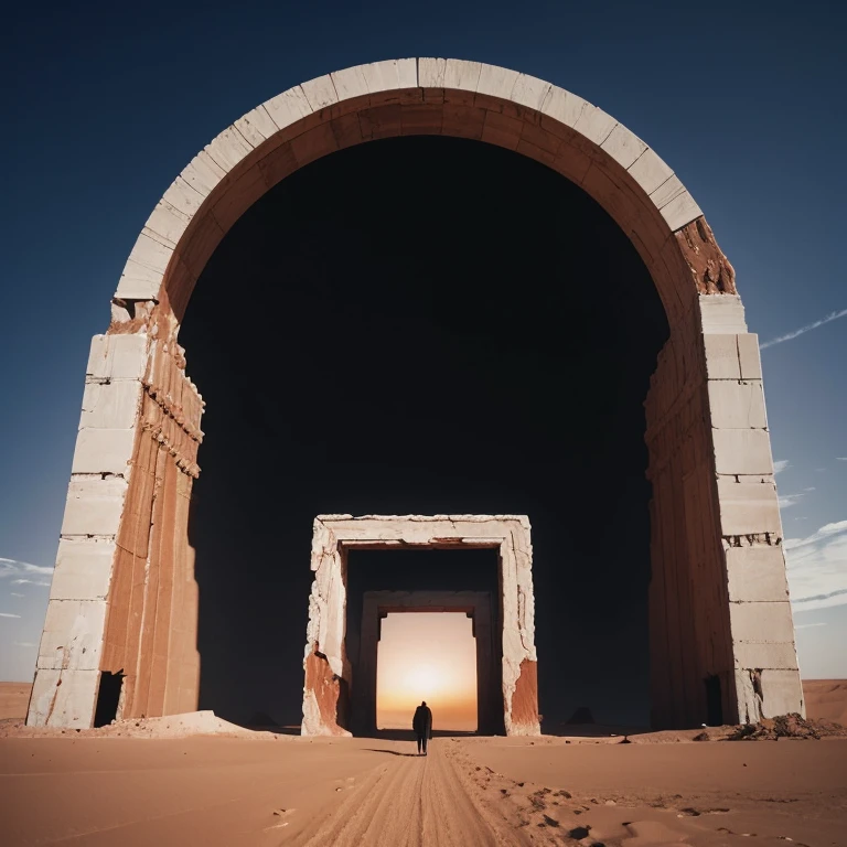 Gigantic monolithic white marble gateway portal in desert at dusk looking into another universe with black clouds and red sky and bloody sand, with millions of people walking in and out of the portal, 1970's existential dread Stanley kubrik style 2002 a space Odyssey Esq grainy retro camera style