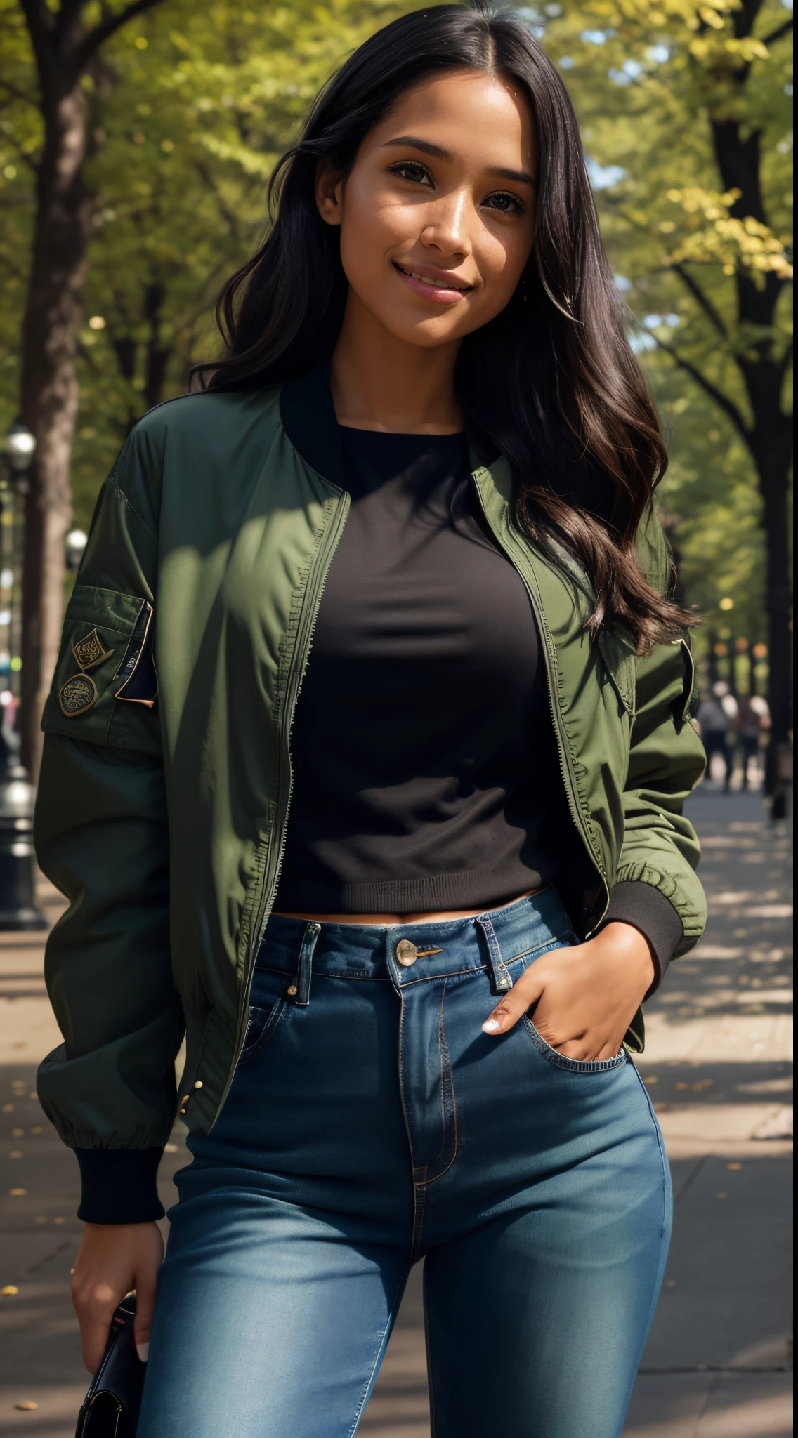 Foto hiperrealista en primer plano de Kelsey Asbille (native American ((light dark skin))), masterpiece, best quality, (photorealistic:1.4), full body, (army green bomber jacket over black blouse:1.1), (blue jeans:1.2) heels, in the New York Central Park, sunny day,cinematic light, beautiful woman, skinny, large big breasts, black long hair, detailed face, smile, facing the camera, photo taken from a distance, age of 25 years old