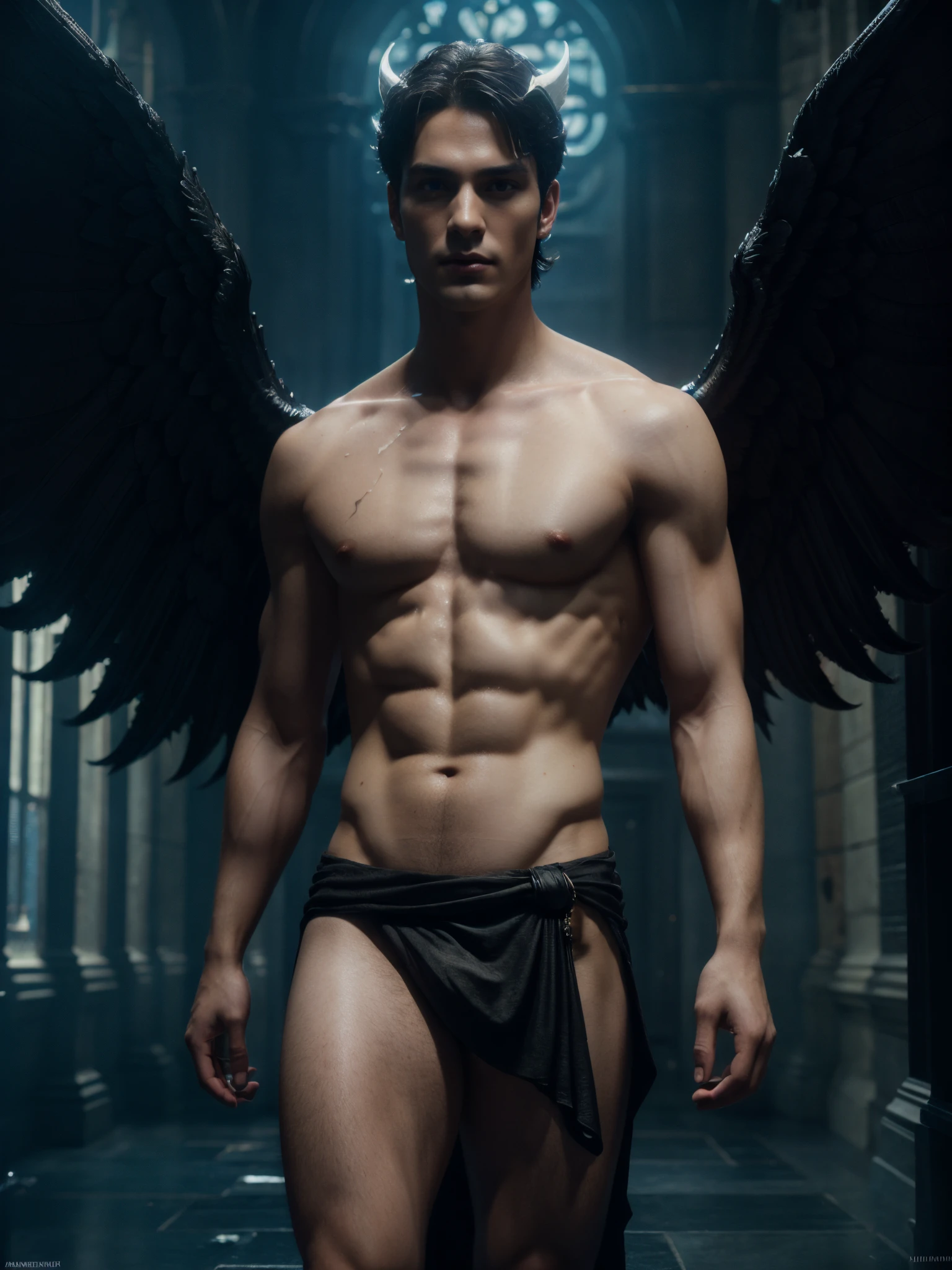 ((masterpiece)),((bestquality)),8k, high detailed, ultra-detailed, Stylish Pose, real skin texture, cinematic lighting, 21 year old male model, handsome, cute looking, evil look, demon horns, white pale skin, full white eyes, short brown messy hair, strong jawline, masculine, defined fit body, hairless chest, shirtless, pantless, prince aesthetic. gothic architecture, hellfire ground, black massive huge angel wings, spartan loincloth, dim light, dark atmosphere, cinematic lighting, backlight, Depth of field, award-winning photography, elegant, hyperrealistic, octane render, unreal, high definition, 8k resolution, highly detailed, 8k uhd, professional lighting, photon mapping, radiosity, physically-based rendering