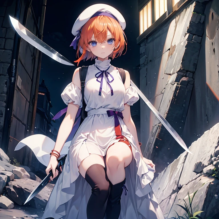 Orange hair，higurashi，Ryuguurena，turtle neck，White beret，slit，knee sox，Brown boots，Blue eyes，White dress，Long dress，Purple ribbon around the neck，short head hair，Okappa，large knife，Turn around，Blue bracelet