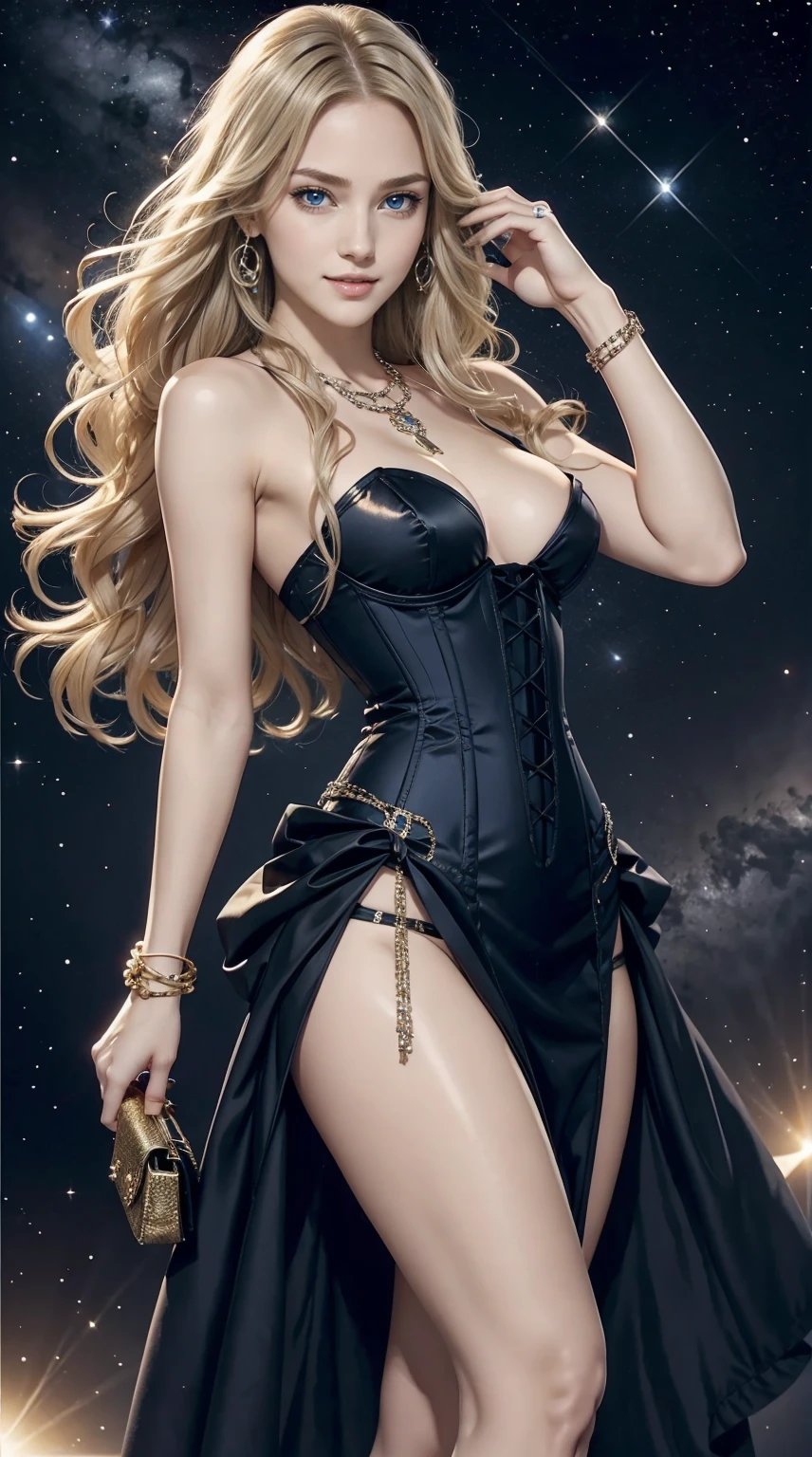 25-year-old Caucasian woman、ash blonde、blue eyess、Semi-long、setting hair、I'm tying my hair、My hair is wavy、Slender but thin macho、accessories on the wrist、wearing a chain necklace、Beautiful breasts、a smile、Holding a handbag in his hand、I need space above my head、wearing a corset dress、Wearing high heels、I'm wearing stockings、I'm at a glittering party venue