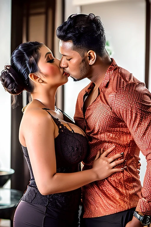 beautiful chubby balinese woman with ttight kebaya, kissing a blackman, standing kiss, side view, voluptuous woman, busty, curvy, cleavage, huge round breasts, curly bun hair, pale skin, sweaty, makeup, realistic, hd