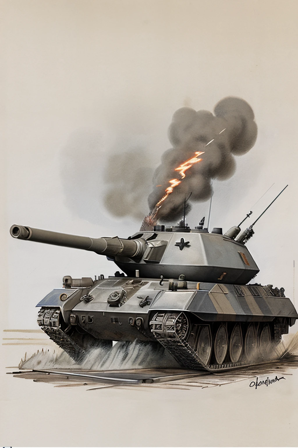 Draw a destroyer,It's shooting at a tank