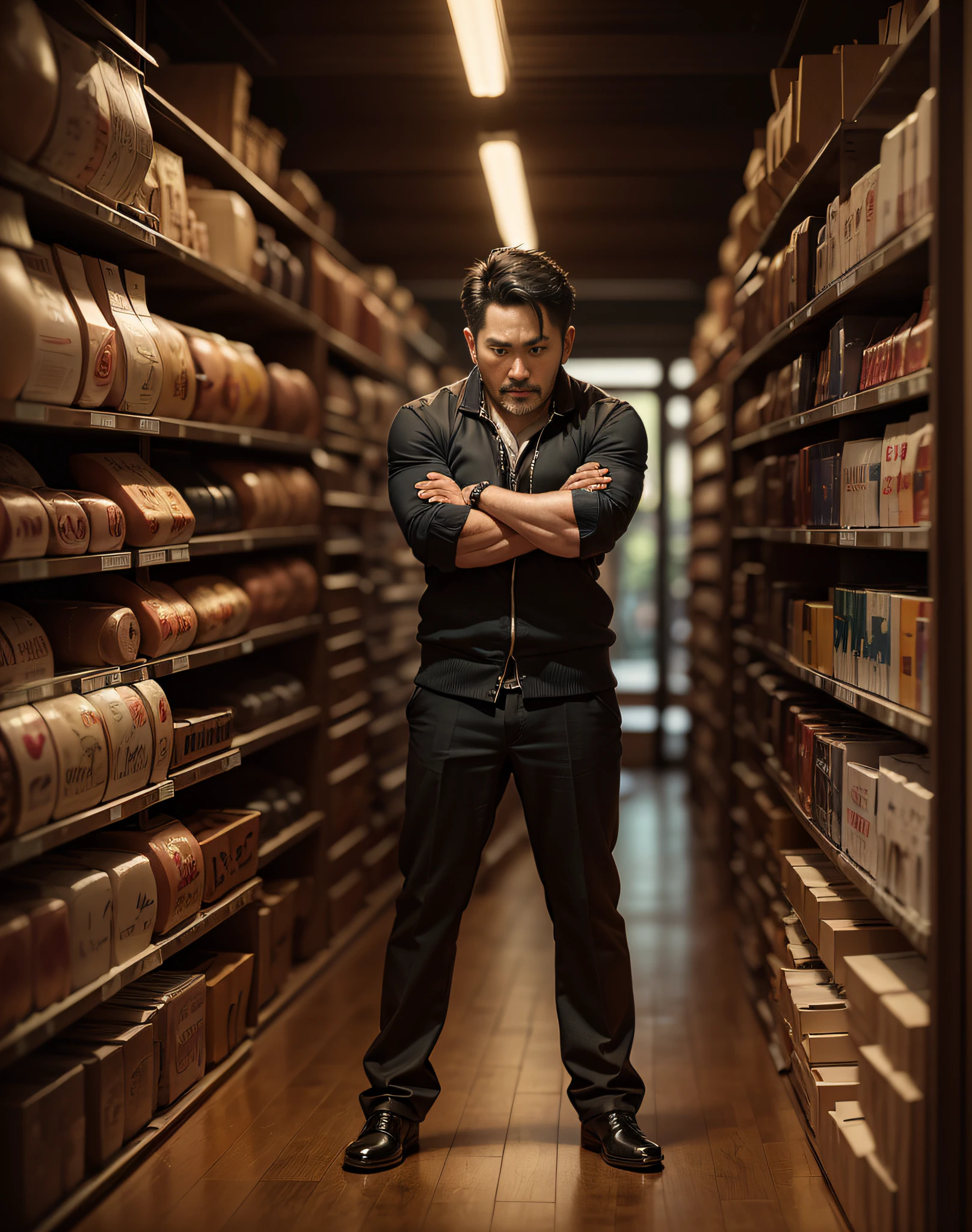 A man around 40 years old standing with his arms crossed, fully body photo, full-length portrait, Full length portrait, Full body portrait pose, portrait full body, full body portrait shot, full length portate, portrait of a full body, portrait of a full body, a photo of a man, Asian Man, fully body photo, full body photogenic shot