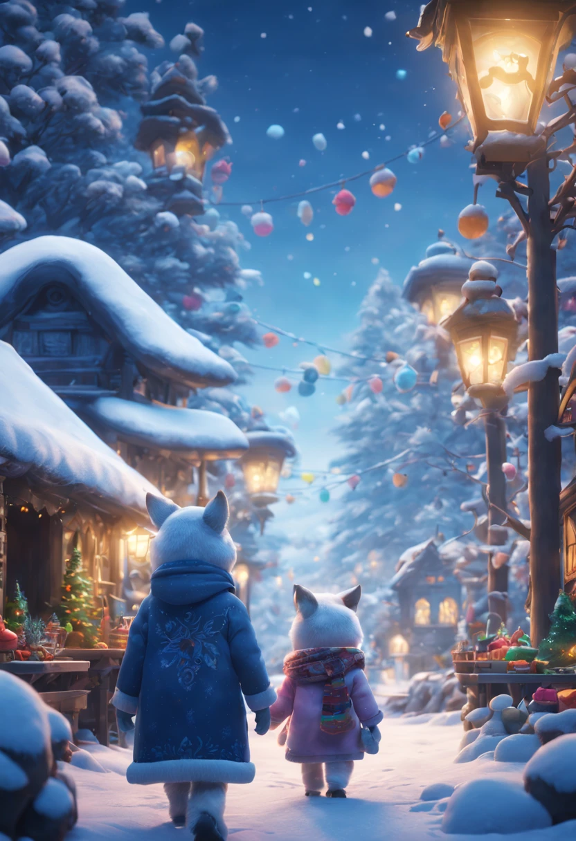 (Winter wonderland)、Atmospheric Oliva Lighting、kirakira,4K UHD、Great composition with great detail and vibrant colors、rendering octane、foco nítido、high-resolutionisometric,masterpiece,(magical lights),,Magic effect anthropomorphic animals are walking:Winter clothes,A dreamy sight