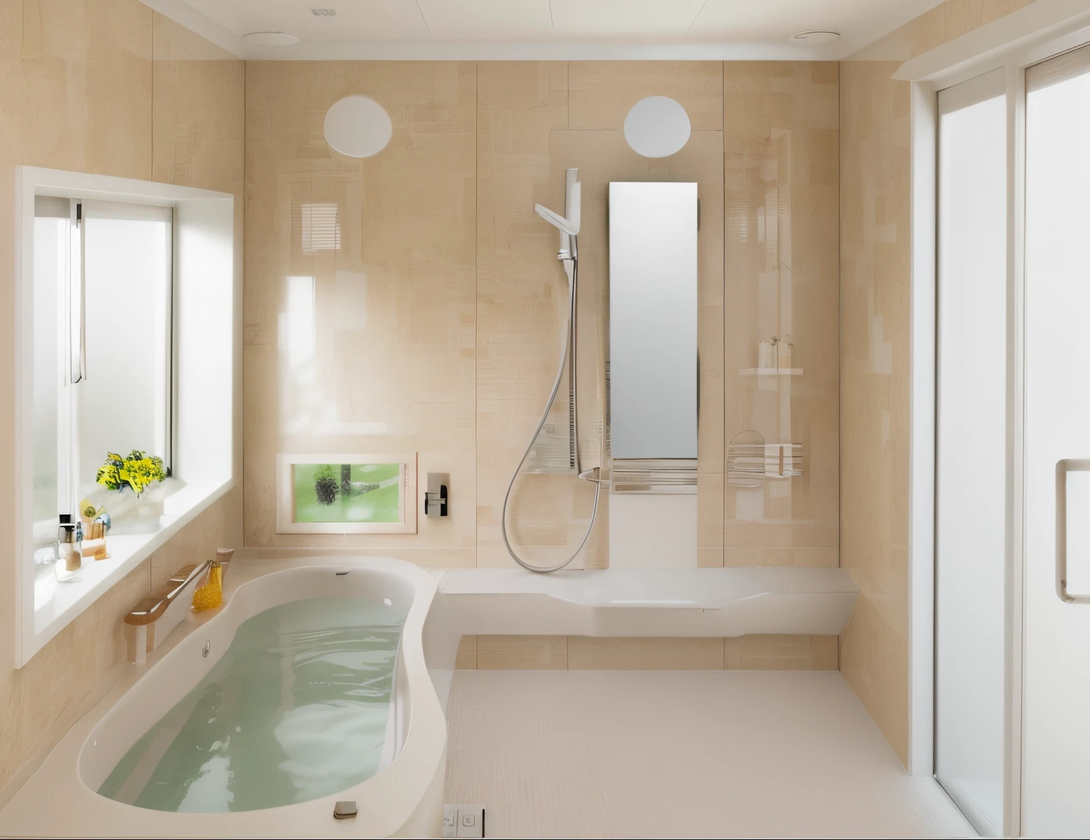 Bath in bathroom,Has window and shower, Quality bathroom design,Please redraw the image with a dark black tone。