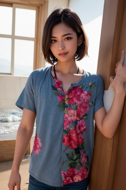 (best quality,highres),portrait,indoor,room,standing naturally,long aloha shirt,neat clothing,smiling,mature appearance,vivid colors,soft lighting,relaxed atmosphere