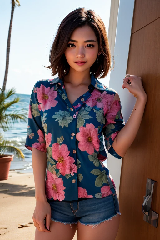 (best quality,highres),portrait,indoor,room,standing naturally,long aloha shirt,neat clothing,smiling,mature appearance,vivid colors,soft lighting,relaxed atmosphere