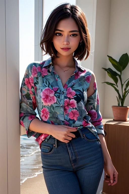 (best quality,highres),portrait,indoor,room,standing naturally,long aloha shirt,neat clothing,smiling,mature appearance,vivid colors,soft lighting,relaxed atmosphere
