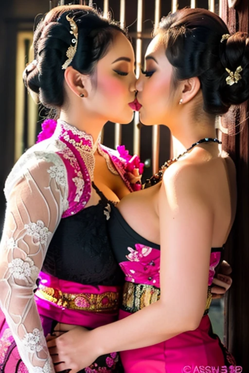 wgirl, two beautiful chubby balinese woman with traditional red kebaya kissing, hand on breasts, side view, voluptuous woman, busty, curvy, cleavage, huge round breasts, curly bun hair, pale skin, sweaty, makeup, realistic, hd