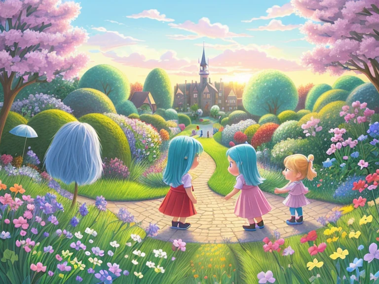 very cute illustration for a children's picture book，The kids felt the magic of the garden, making their dreams even more special.，blue hair, Digital Painting， by Pixar style