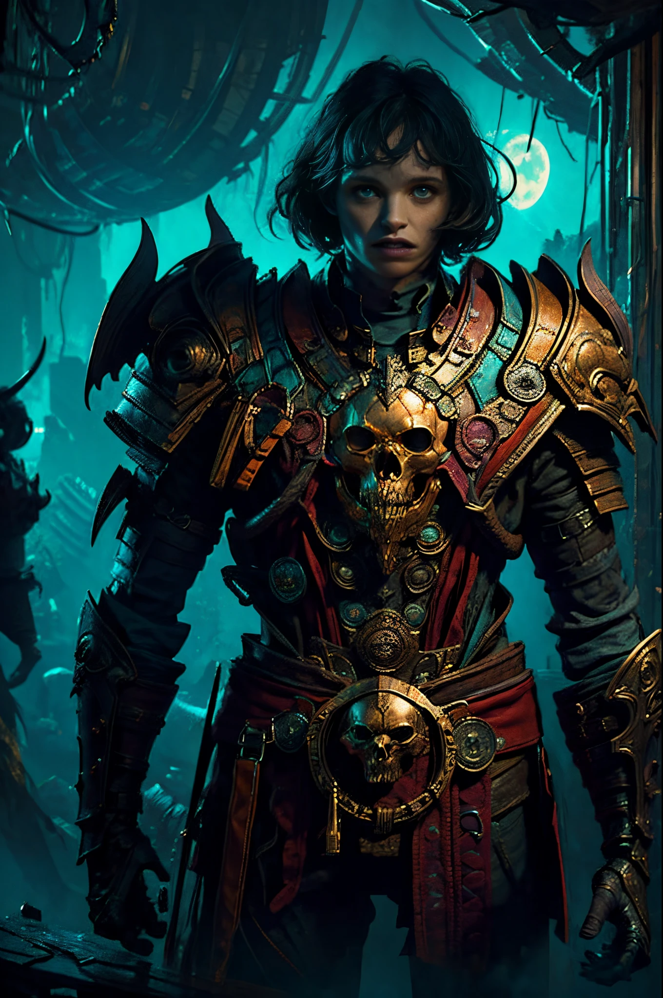 gothic art, lightand shade contrast, Standing Picture, Ramen, holland angle, emphasis lines, tmasterpiece, Acura, Anatomically correct, A high resolution, Best quality at best, super detailing, Award-Awarded,D14BL0 style male necromancer,male people,(((Eddie Redmayne(Eddie Redmayne)Play,)))Humanoid monsteragestic,wizard,(A small amount of armor:0.2),withered face,being thin,hunchback,Dry body,witchcraft,Expressionless eyes,Epic war fantasy digital art,(greg rutkovsky:0.8), (cyan and orange:0.4),