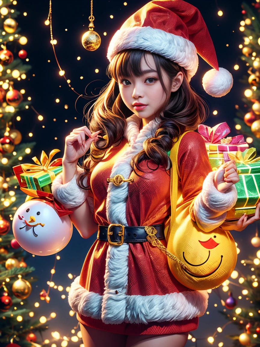 Christmas, a cute and beautiful Chinese girl wearing a glowing traditional Santa Claus costume, carrying a transparent glowing backpack, holding a beautiful Christmas wreath in both hands, standing in a bright and warm Christmas decorated room, looking at the audience, First person perspective, photo album, seven clones