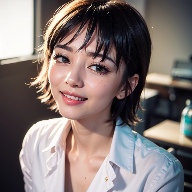 longeyelashes, light smile, ear blush, fang, blush, pov, ccurate, best quality, vivid colors, soft lighting, artistic portrait style, (masterpiece:1.2, Best quality at best),Alone, black short hair, makeup, Confident and relaxed,parted lips , teats slightly embossing, Look up, view to camera, business suit, office, smile, mole under the mouth