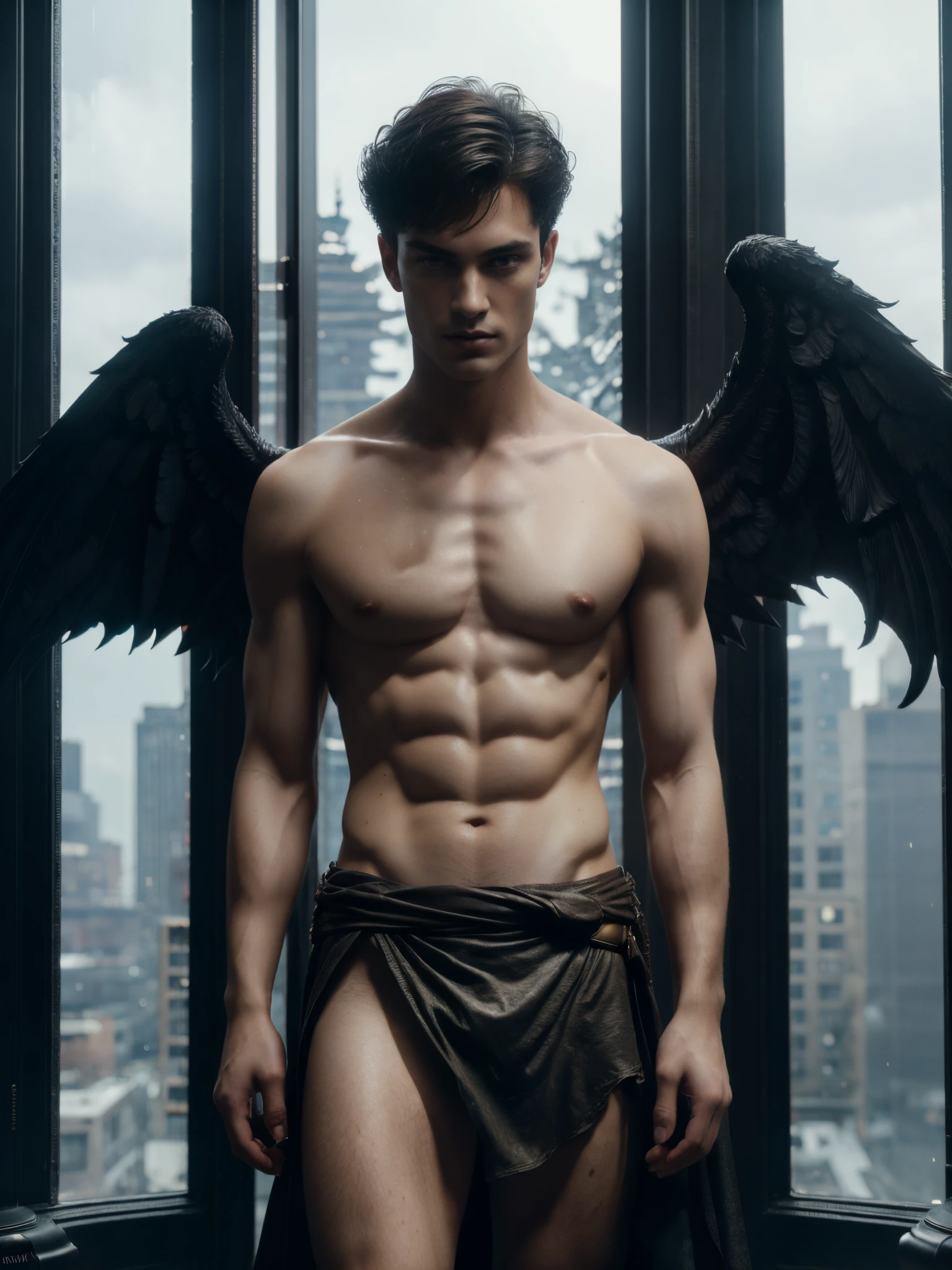 ((masterpiece)),((bestquality)),8k, high detailed, ultra-detailed, Stylish Pose, real skin texture, cinematic lighting, 21 year old male model, handsome, cute looking, evil look, demon horns, white pale skin, full white eyes, short brown messy hair, strong jawline, masculine, defined fit body, hairless chest, shirtless, pantless, prince aesthetic. gothic architecture, hellfire ground, black massive huge angel wings, spartan loincloth, dim light, dark atmosphere, cinematic lighting, backlight, Depth of field, award-winning photography, elegant, hyperrealistic, octane render, unreal, high definition, 8k resolution, highly detailed, 8k uhd, professional lighting, photon mapping, radiosity, physically-based rendering